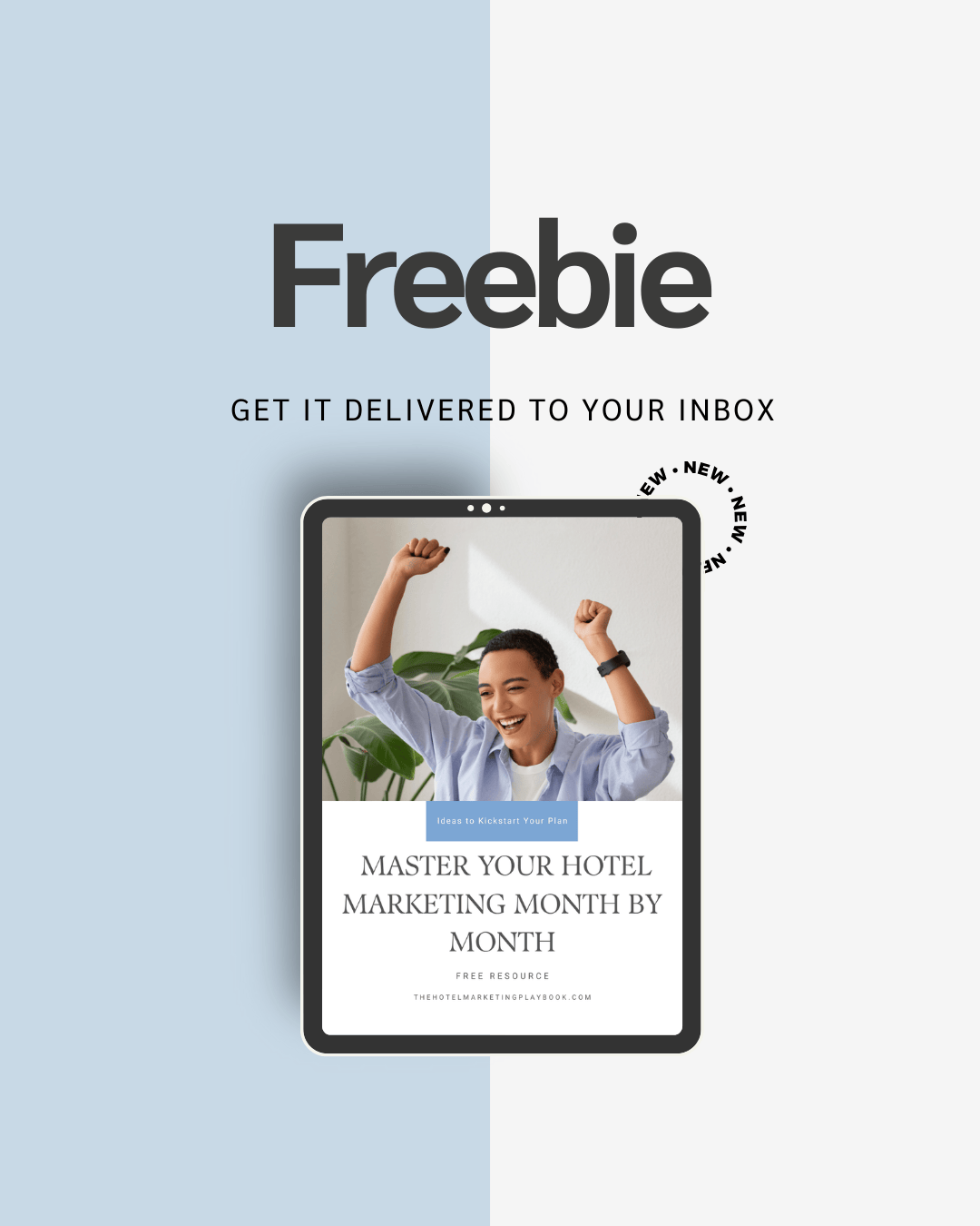 A promotional graphic for a free hotel marketing resource, featuring a smiling woman raising her arms joyfully on a tablet screen, with a blue and white background and black bold text.