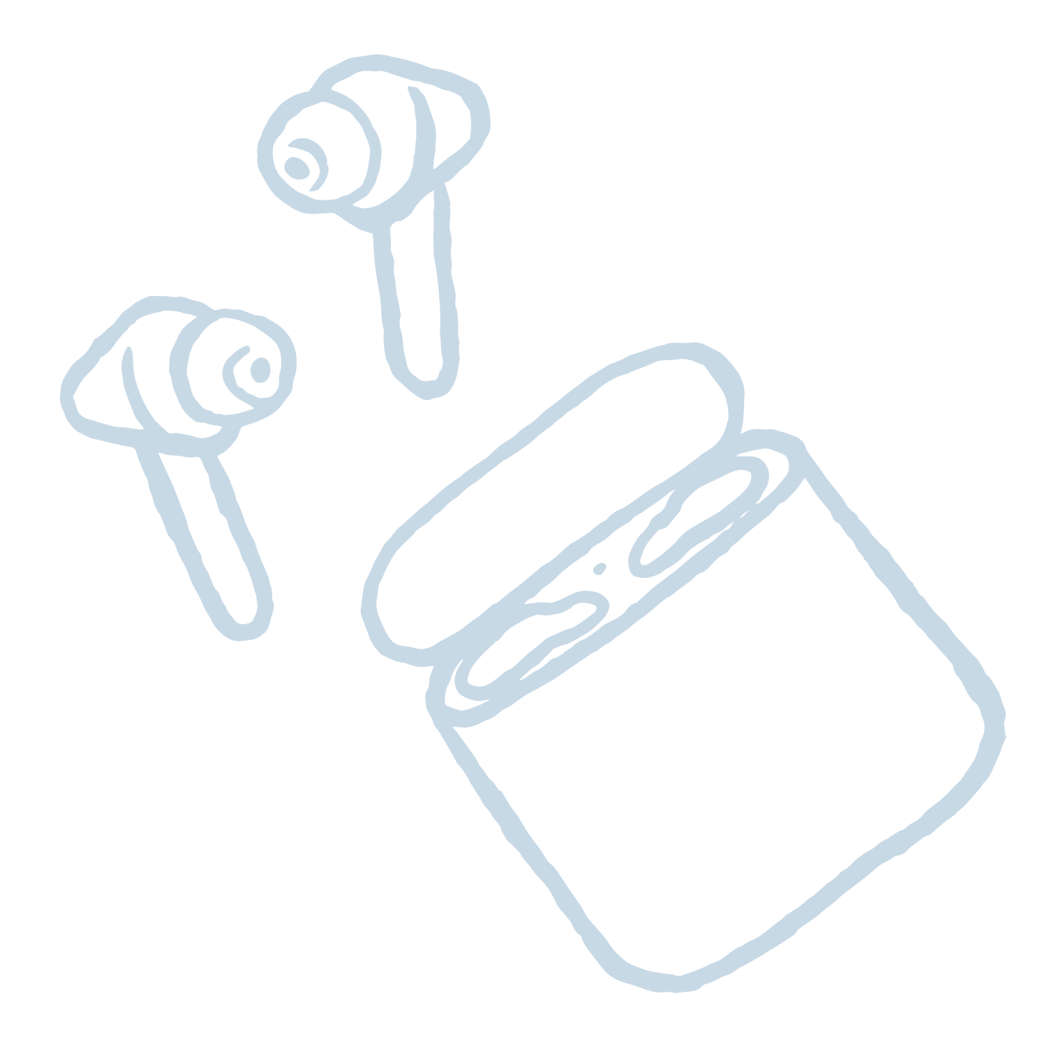 Outline drawing of a pair of wireless earbuds with an open charging case.