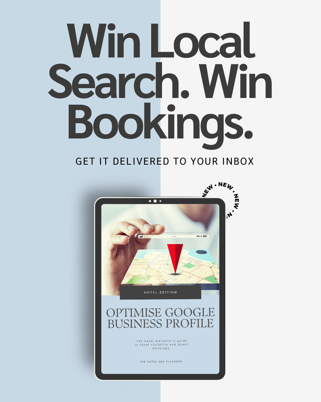 An advertisement encouraging local search and bookings, featuring a tablet displaying a map with a location pin and the text 'Optimize Google Business Profile', with a light blue and white background.