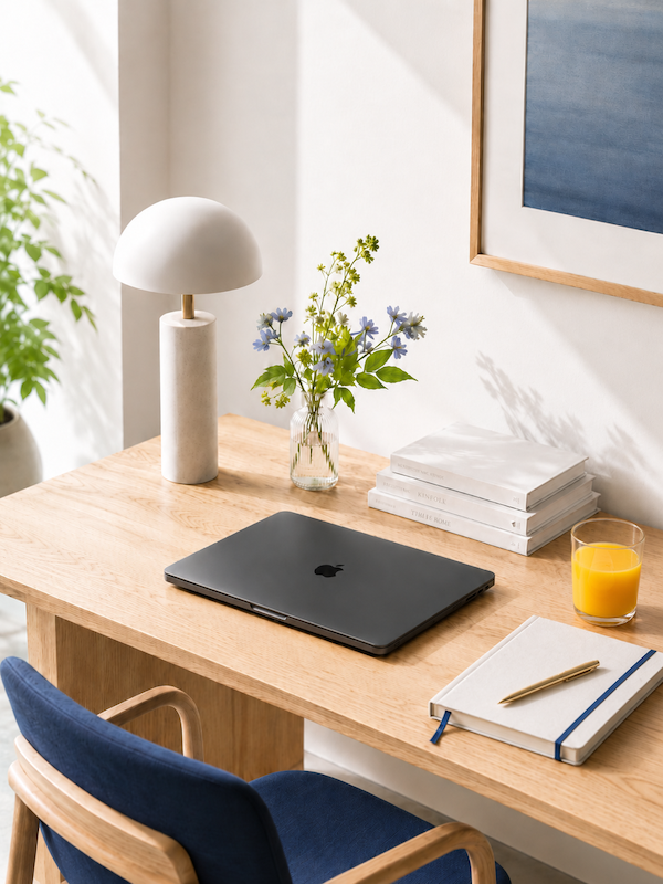 A wooden desk with a closed black MacBook, a glass of orange juice, a notebook with a pen, and a framed abstract art on the wall. There is a modern table lamp and a vase with flowers, with a blue chair in front of the desk.