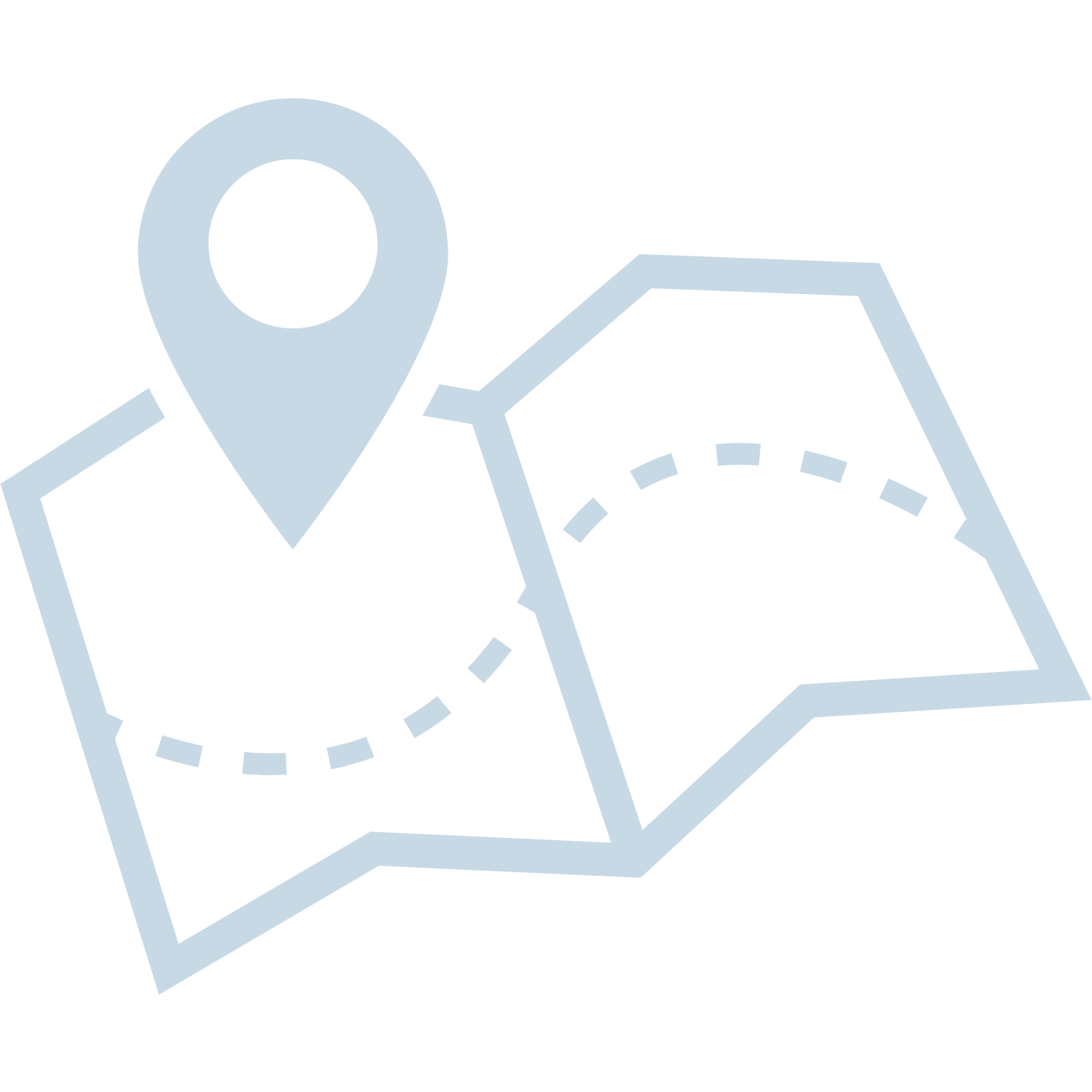 A stylized map with a location pin and a dotted path.