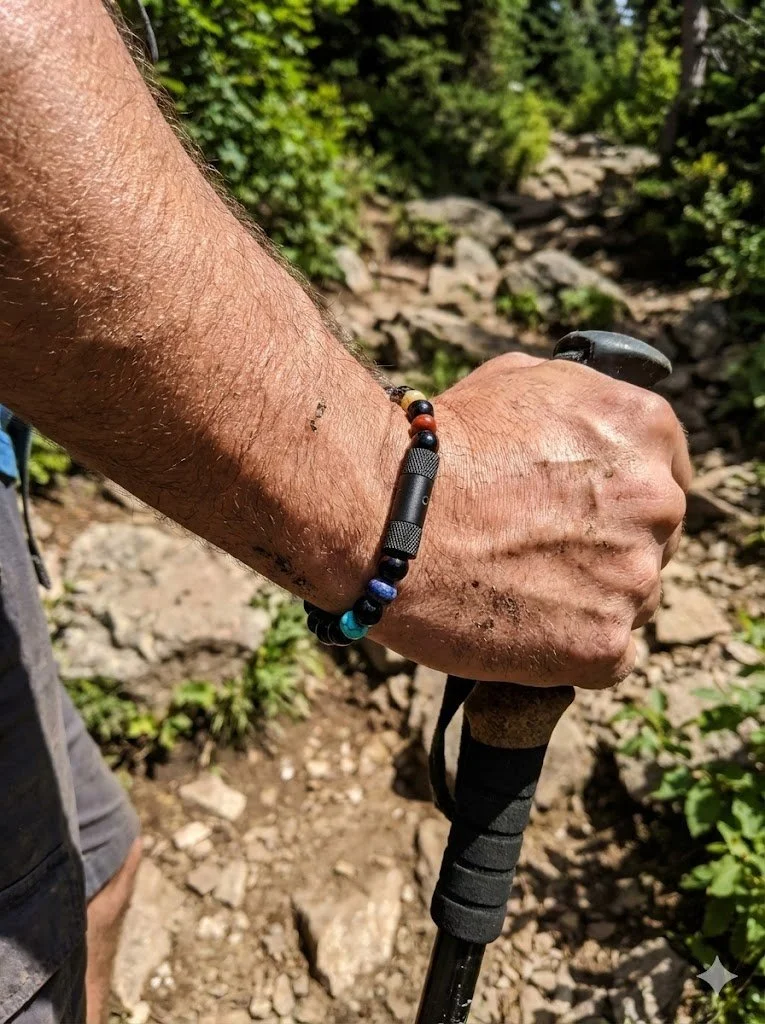 Enusia black onyx pill-holder bracelet worn during outdoor activity