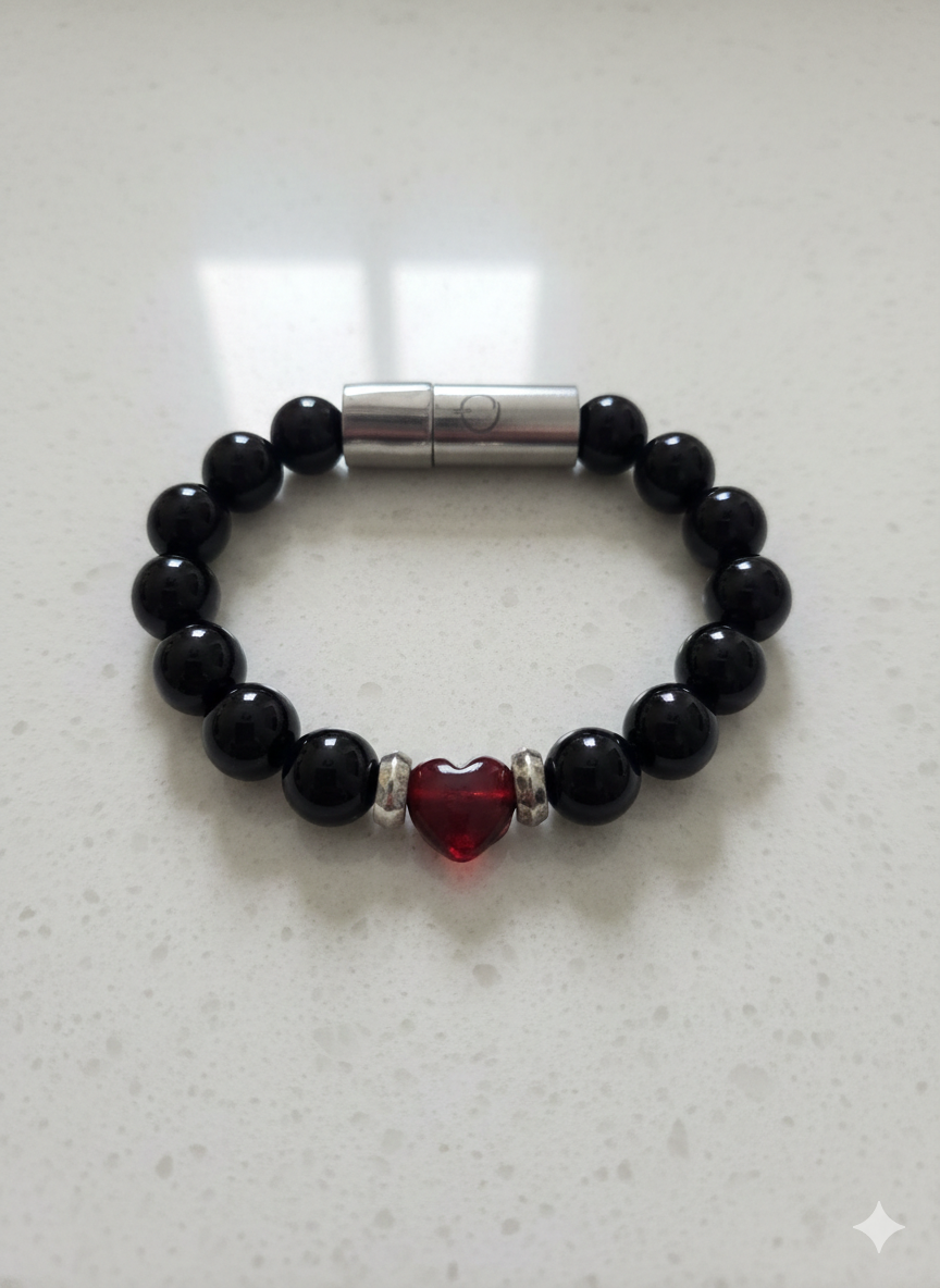 Black Onyx Bracelet with Red Agate Heart
