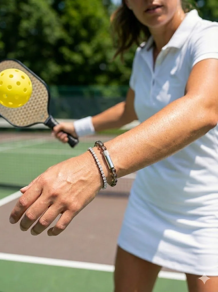ensuia pill holder bracelet smokey quartz girl playing pickle ball
