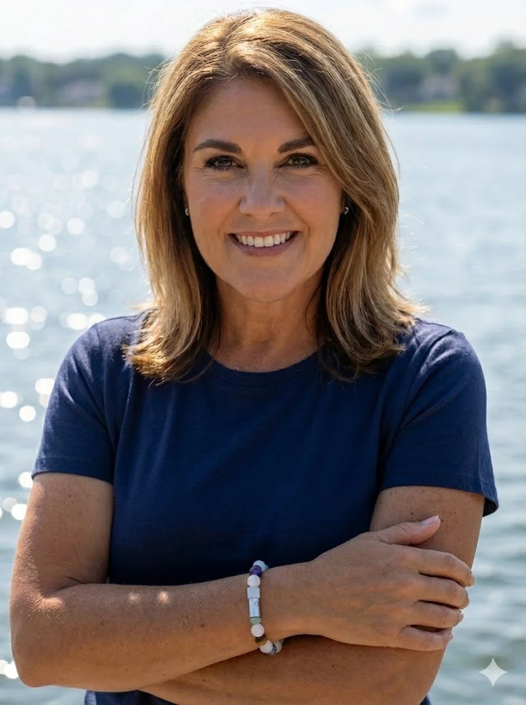 Diane Friedman, founder of Enusia, wearing her favorite 7 chakra bracelet with white jade by the water