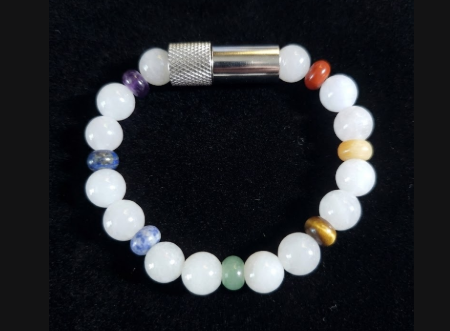 Enusia 7 chakra bracelet with white jade and silver pill holder vessel