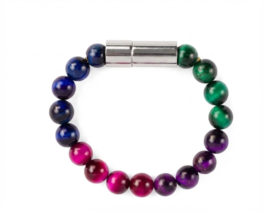 Enusia Multicolor tiger's eye pill holder bracelet with silver pill holder