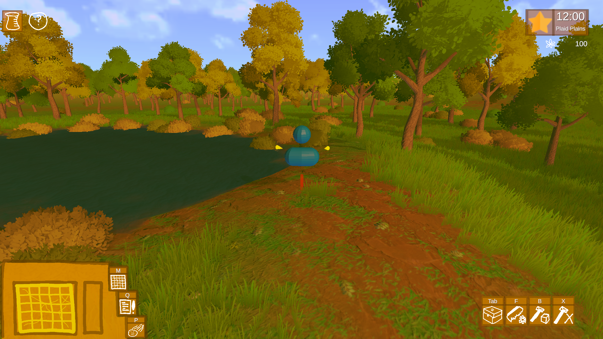 A 3D simulation game viewed from a third-person perspective of a lush, green outdoor landscape. It features a dirt path, trees with green, yellow, and orange foliage, a pond on the left, and game interface icons and a mini-map on the screen.