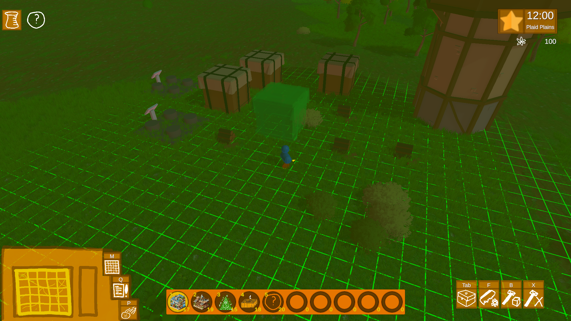 In a virtual environment, a grid-like ground with green lines is shown, with various game icons and objects including chests, trees, and tools. There is a character in the center and an oversized wooden structure leaning to the right. - oversized lol