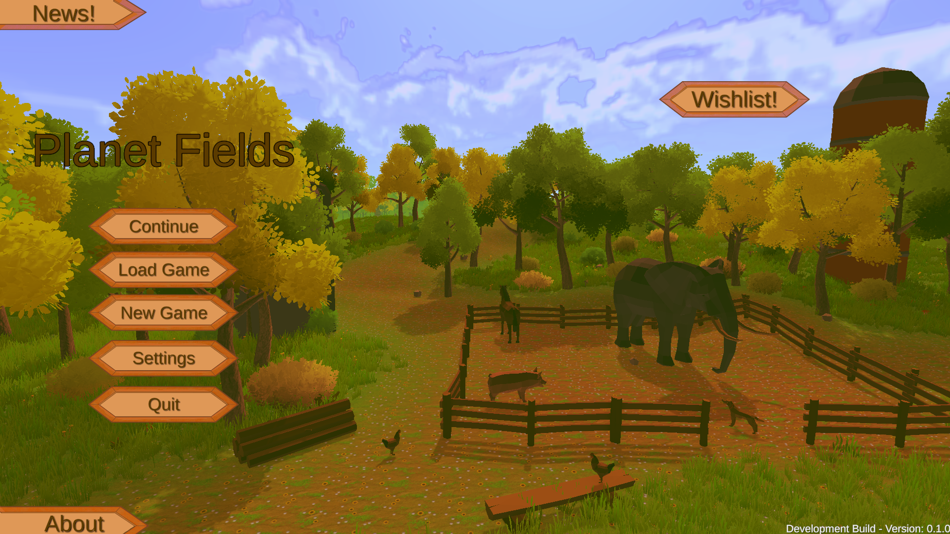 The game menu screen titled 'Planet Fields' features a colorful, cartoonish landscape with green grass, trees with yellow, green, and orange foliage, a blue sky with some clouds, and animals such as elephants, pigs, and chickens in a fenced yard. The menu options include Continue, Load Game, New Game, Settings, and Quit, with a whimsical header labeled 'News!' and a waypoint marker labeled 'Wishlist!'