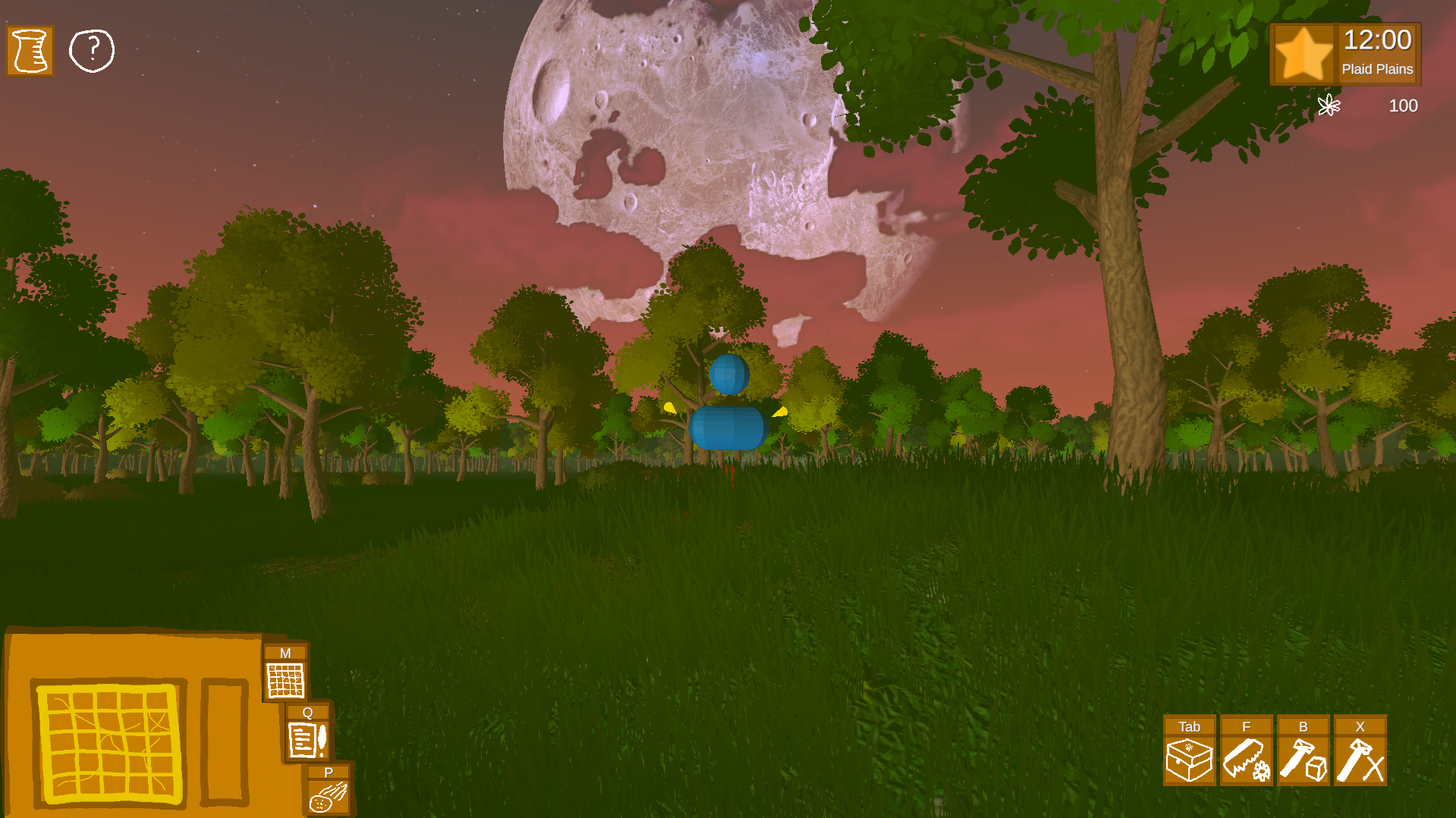 In a virtual game environment, a small blue and yellow robot hovers above a grassy plain surrounded by trees, with a prominent full moon and a pinkish sky in the background.