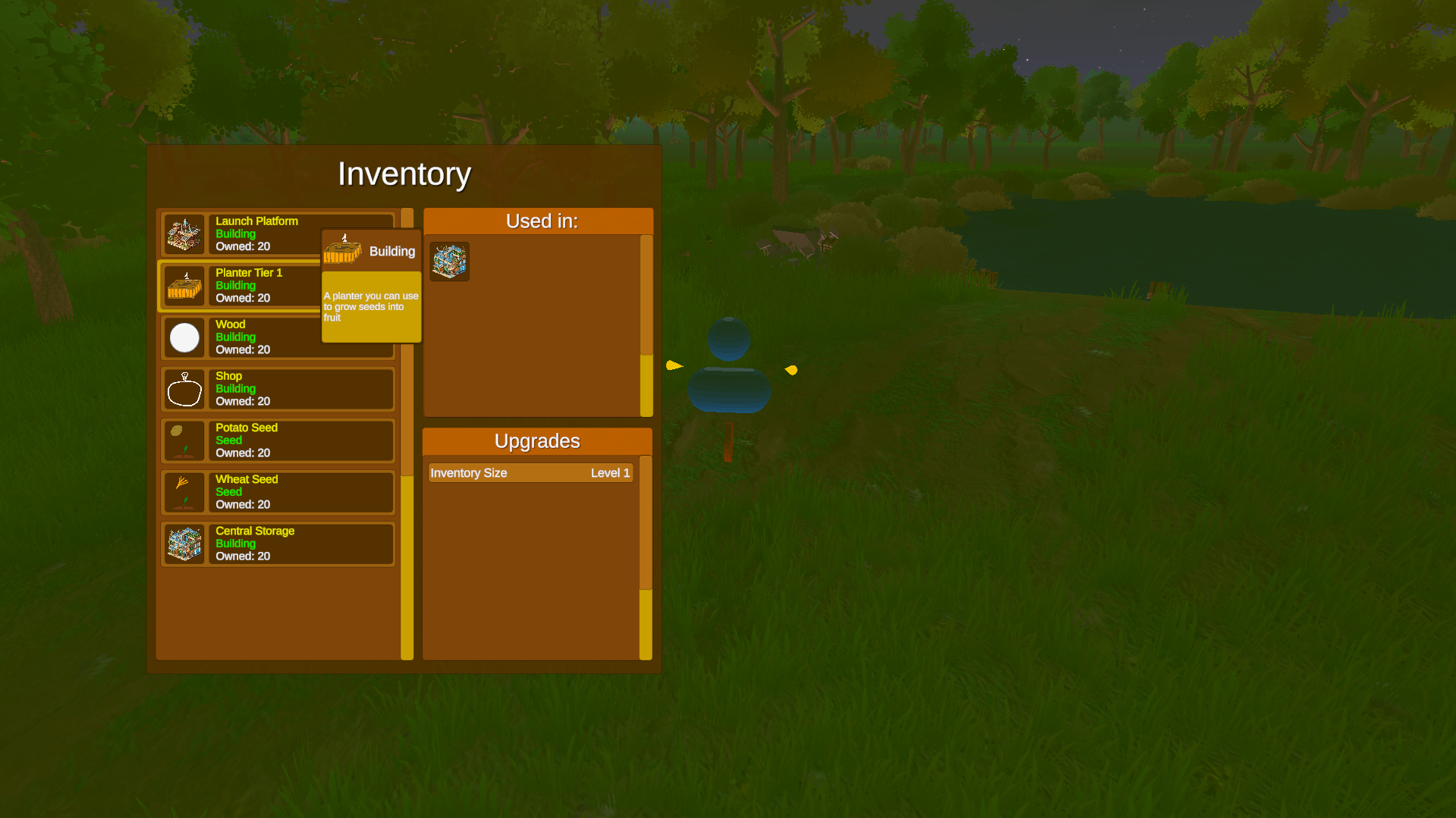 Screenshot of a video game inventory menu showing various building items like launch platform, planter tier 1, wood, shop, potato seed, wheat seed, and central storage, set against a grassy outdoor background with trees and a pond.
