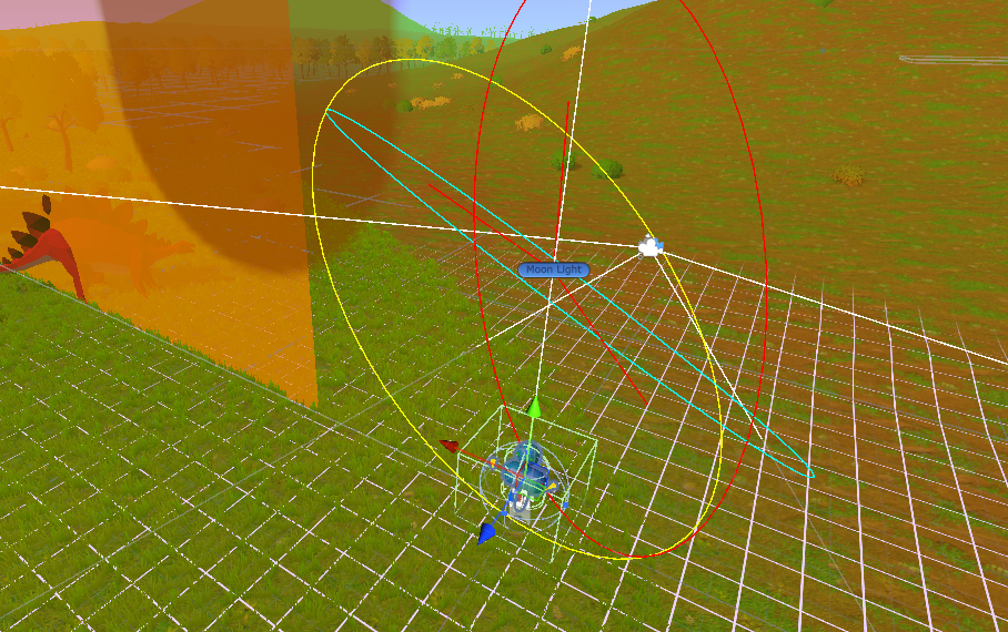A 3D virtual environment with grid lines, colored axes, and geometric circles, featuring a labeled 'Moon Light' object near the center, on a grassy hillside with trees, a deer, and a sky in the background.