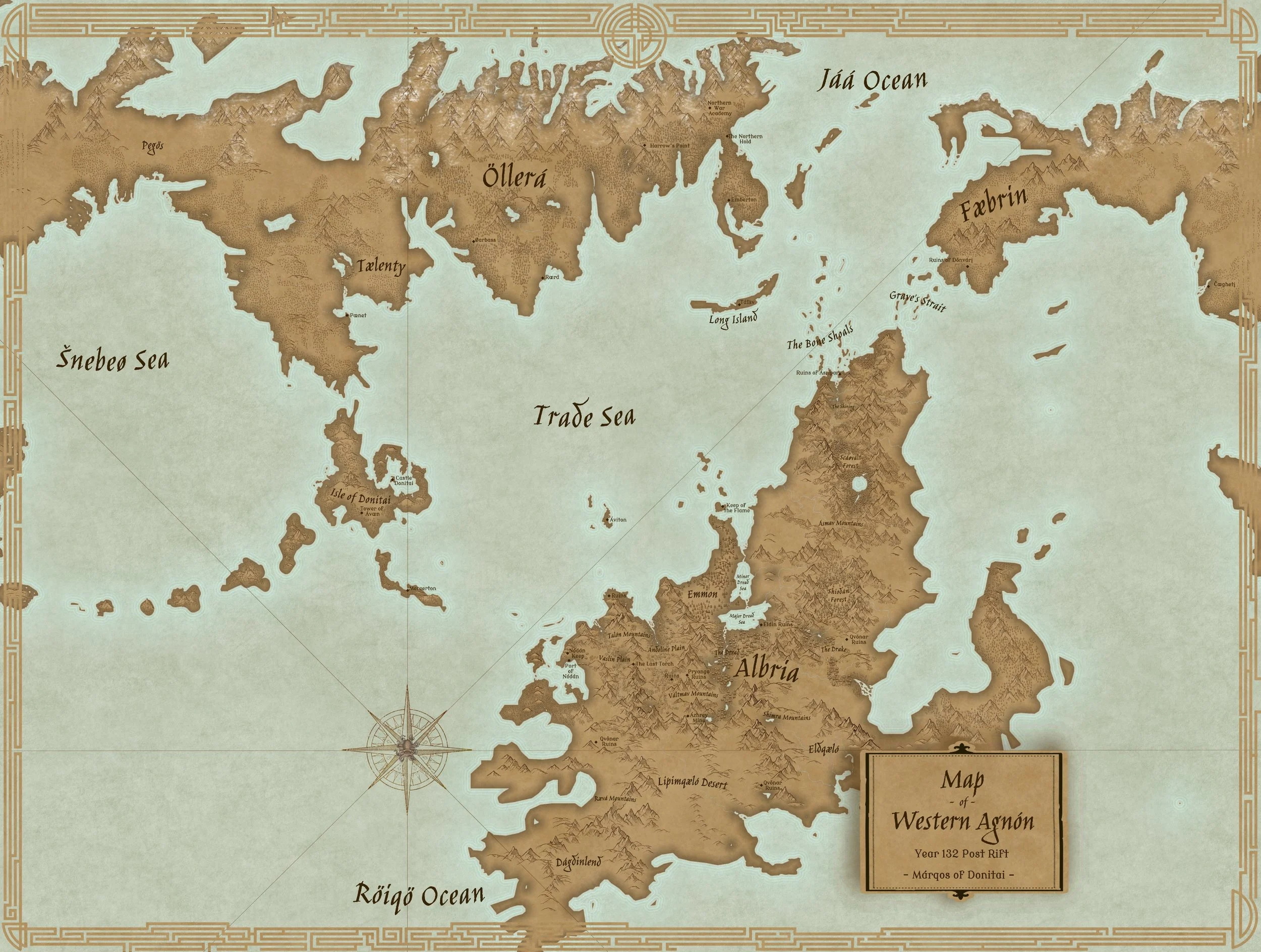 Parchment-style epic dark fantasy map of Western Agnón. The Trade Sea separates northern Öllerá from southern Albria in this progression fantasy world.