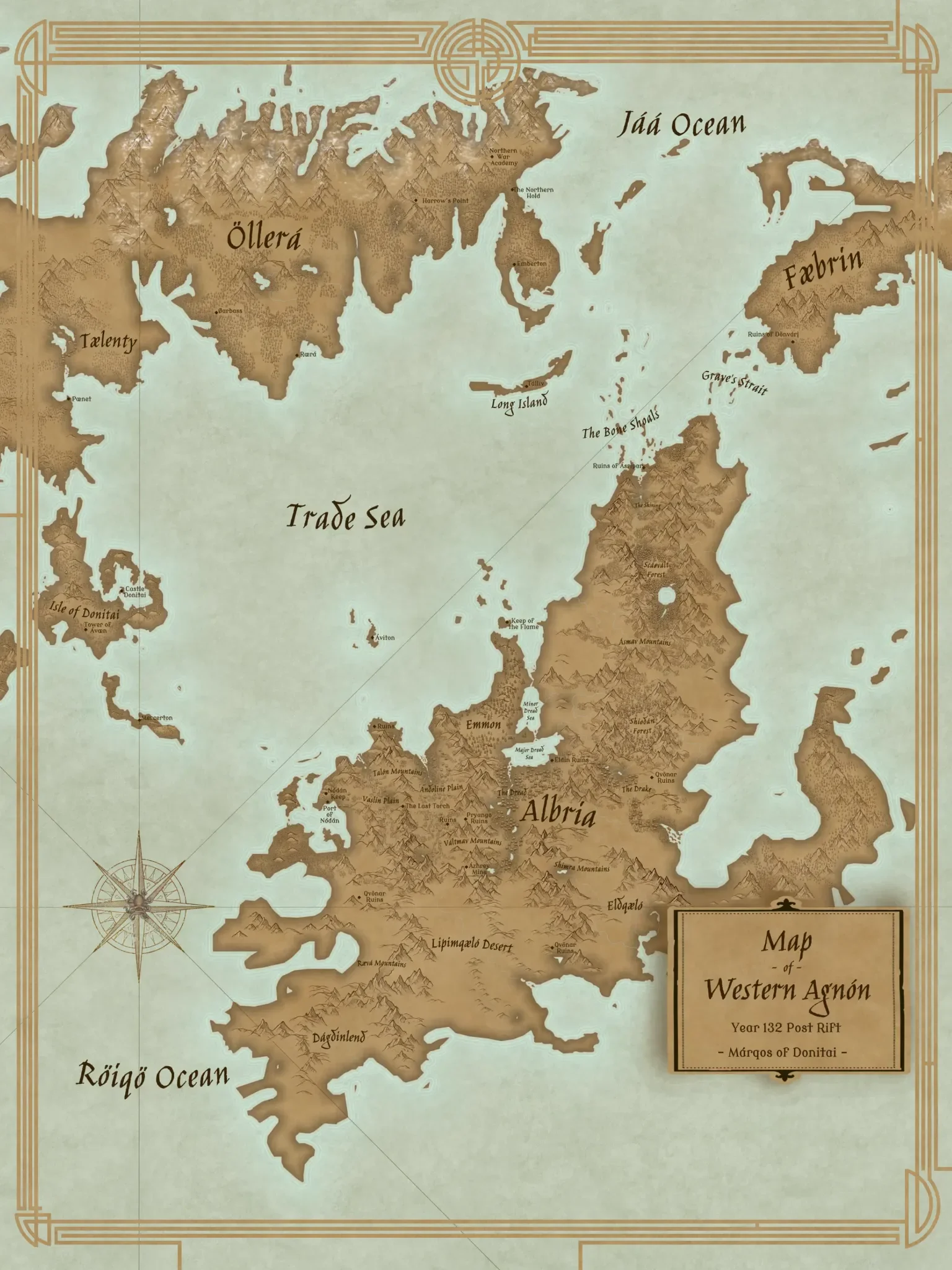 Parchment-style fantasy map of Western Agnón (132 Post Rift). The expansive Trade Sea separates northern Öllerá from southern Albria. Albria features vast mountain ranges, the Lipimqæló Desert, and the Eldin Ruins.