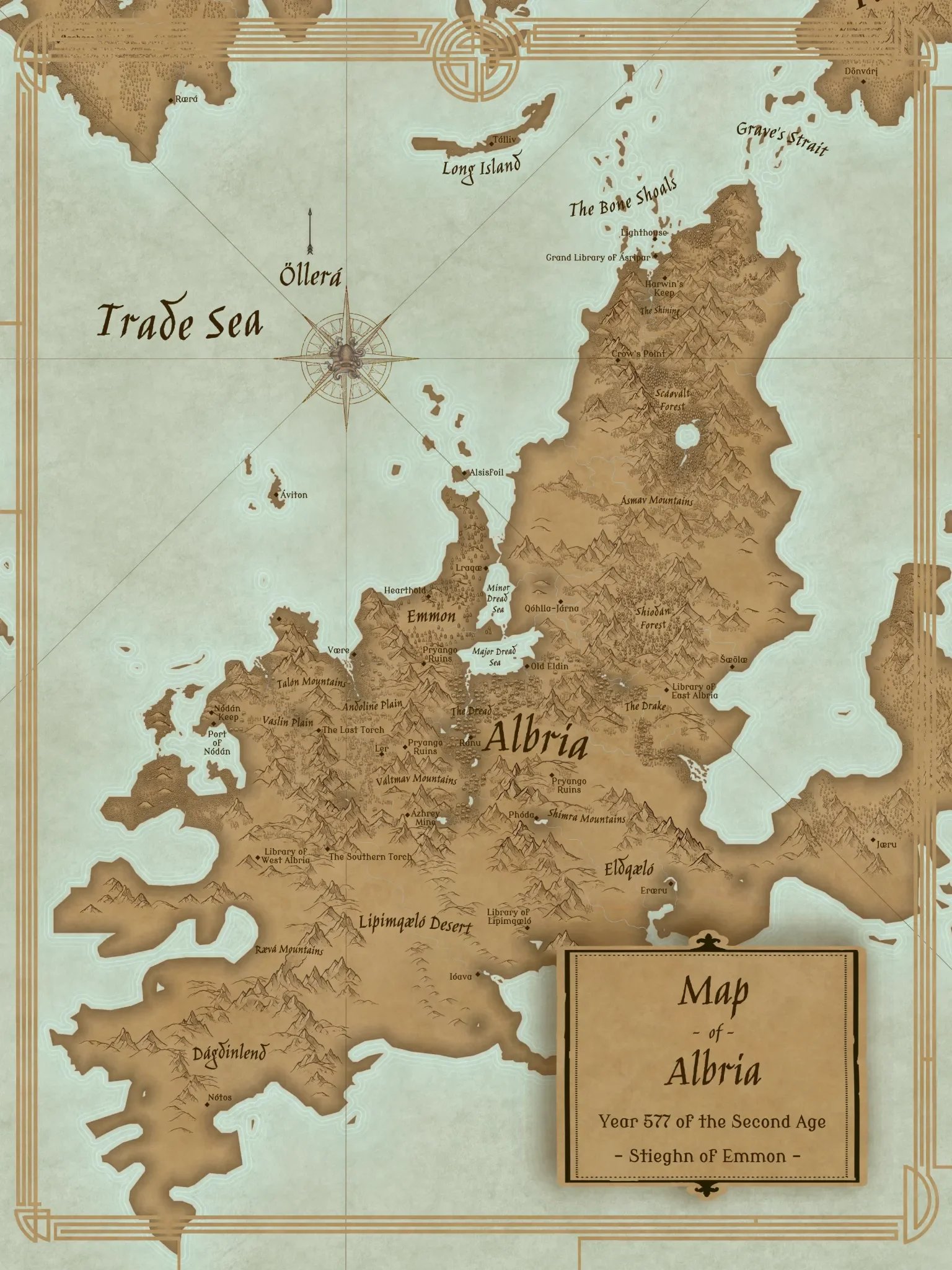 Fantasy map of pre-Rift Albria (577 Second Age), featuring the Lipimqæló Desert, Ásmav Mountains, and Eldin Capital.