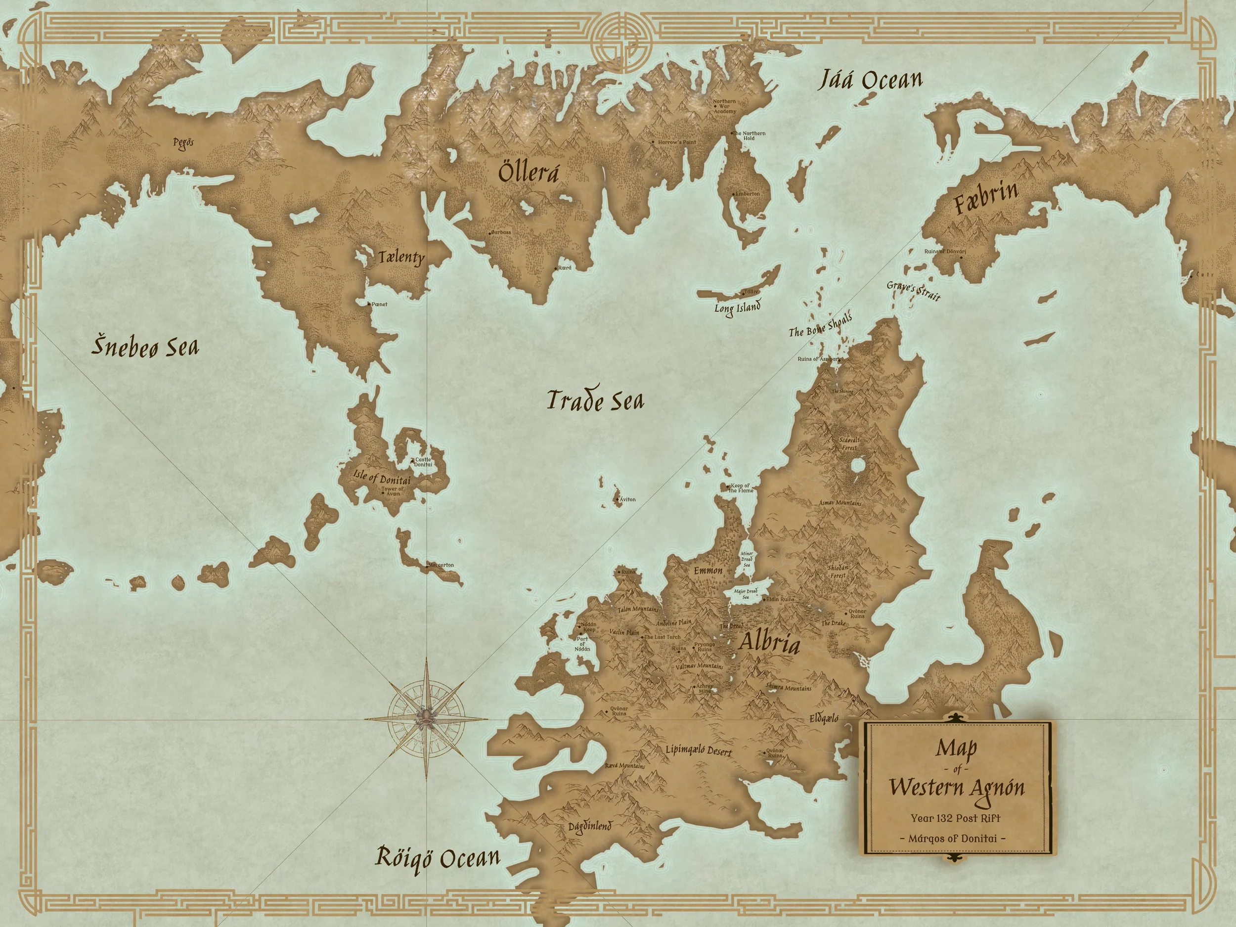 Parchment-style epic dark fantasy map of Western Agnón. The Trade Sea separates northern Öllerá from southern Albria in this progression fantasy world.