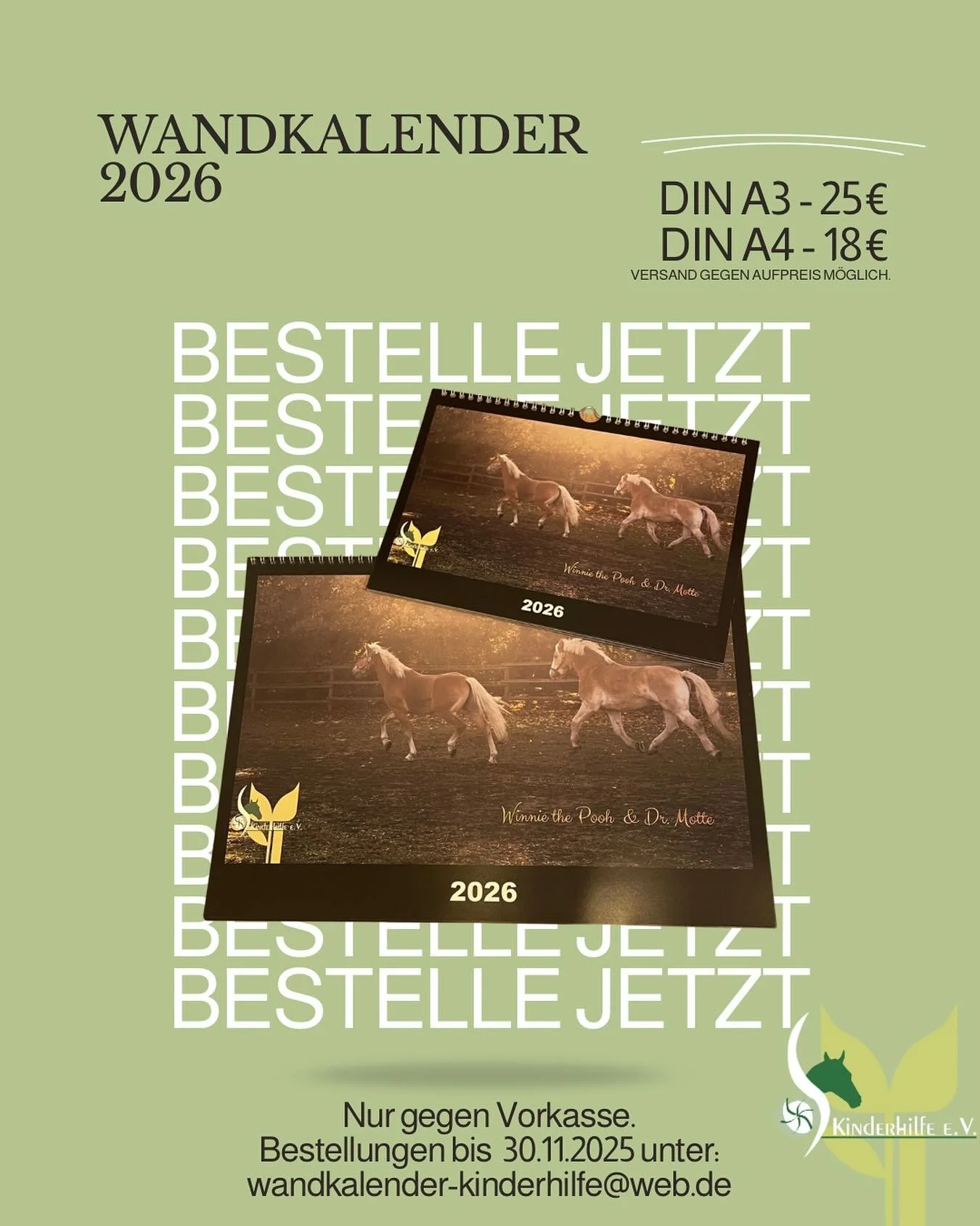 Ab sofort k&ouml;nnt ihr Wandkalender mit unseren Therapiepferden f&uuml;r 2026 bestellen.
Einfach eine Mail mit der bestellten Anzahl an wandkalender-kinderhilfe@web.de senden, bezahlen und sich auf den Kalender freuen. ✨
#wandkalender #jahreskalend