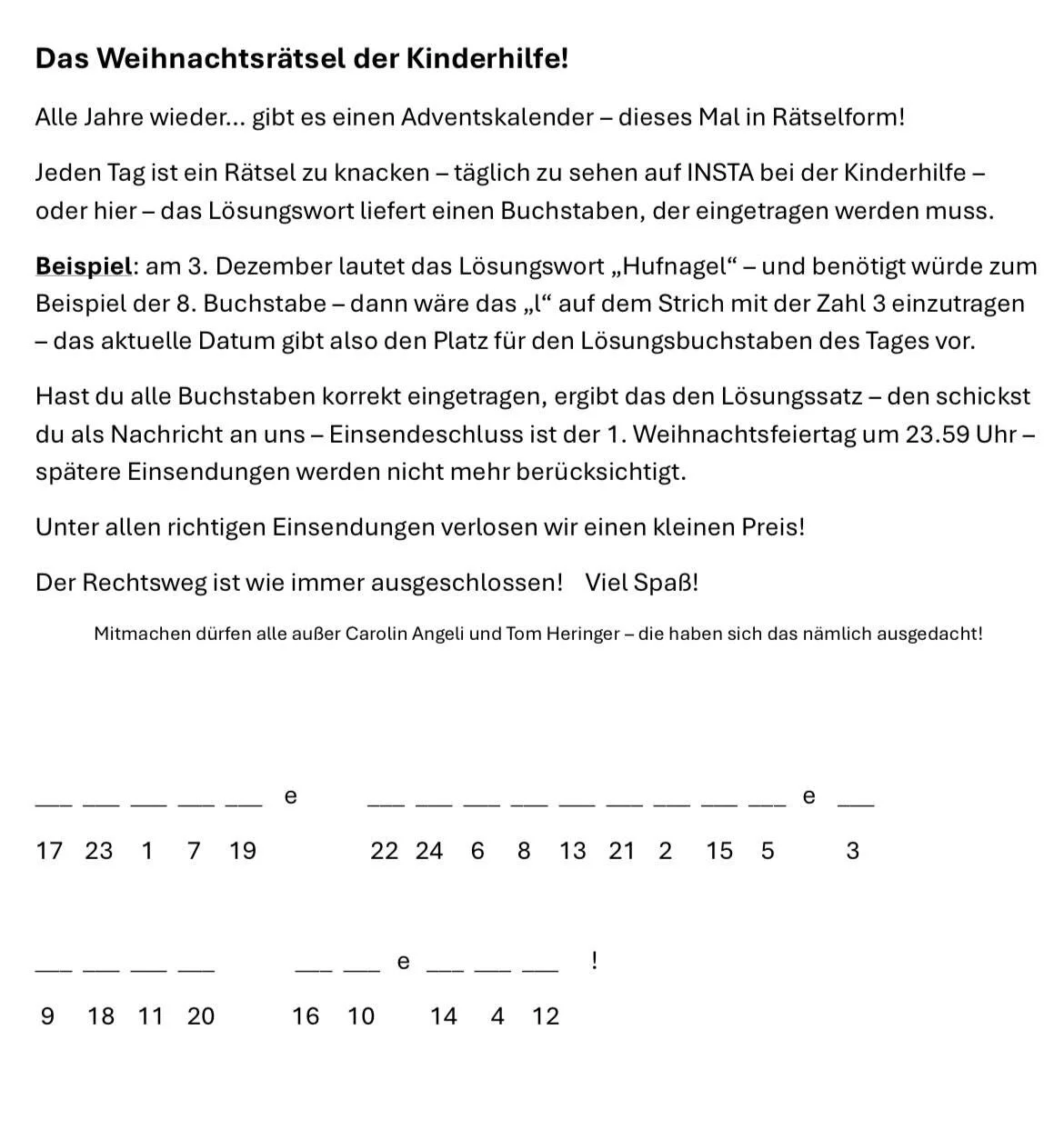 Bereit f&uuml;r unser Adventskalenderr&auml;tsel?
Hier die &Uuml;bersicht zum Mitmachen. Eine Erkl&auml;rung folgt im zweiten Slide.
#adventskalender #reiterhofkinderhilfe