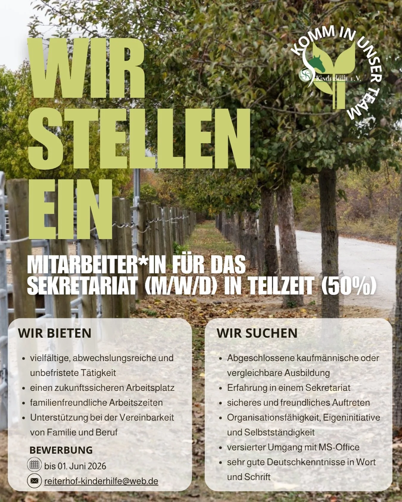 Stellenausschreibung f&uuml;r das Sekretariat. Bewerbungen bis 01. Juni 2026 an den Vorstand.
Weitere Infos auf Nachfrage.
