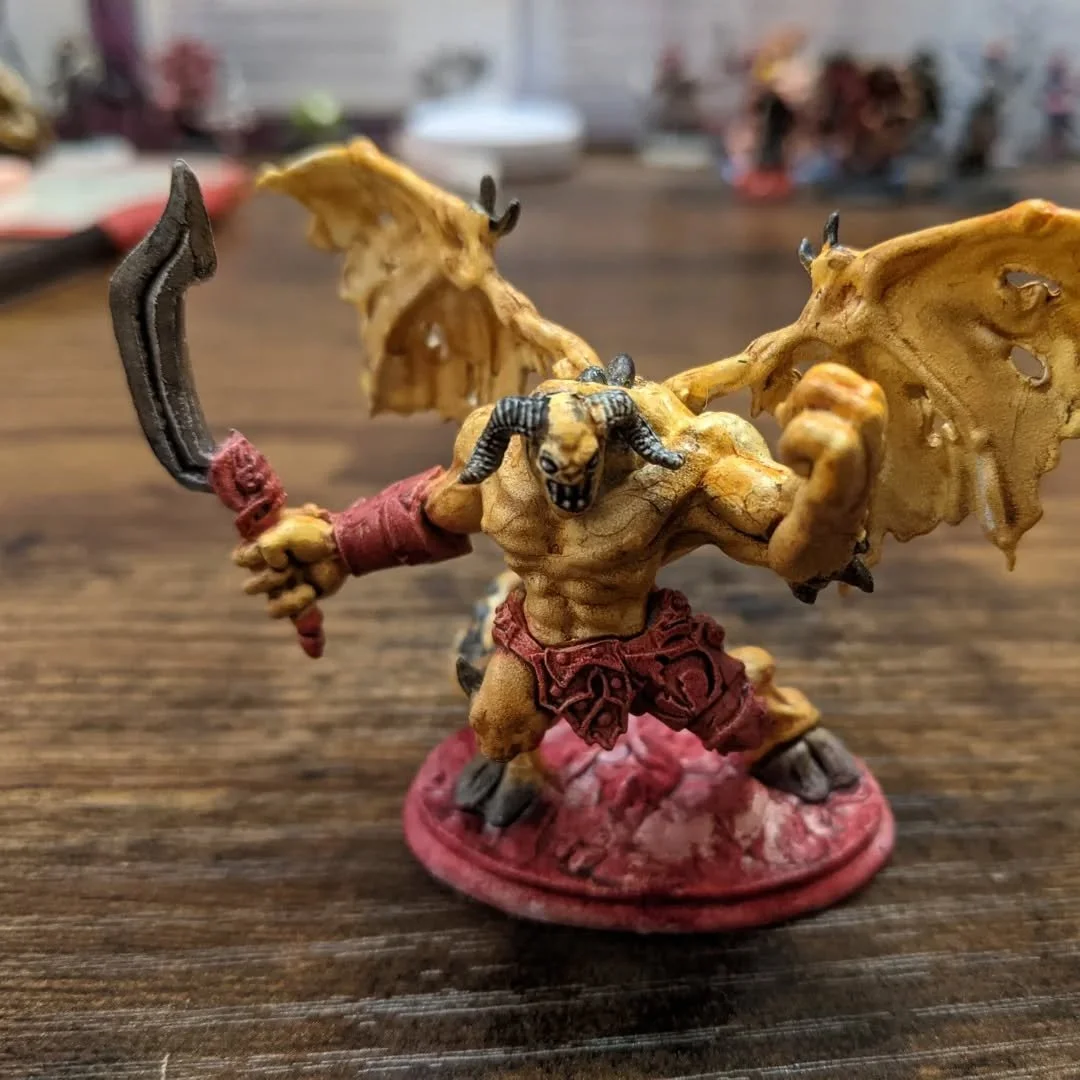 Haven't been painting that much, but I did paint a couple of &quot;horned devils&quot; who took part in interrupting a marriage between a Demon Lord and a Human Queen. D&amp;D stuff. 
#reaper #armypainter #dungeonsanddragons
