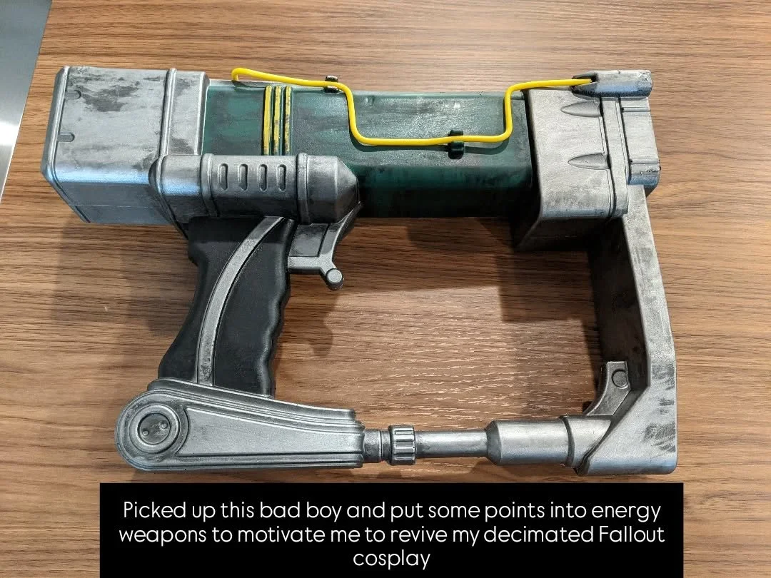 Picked up this bad boy and put some points into energy weapons to motivate me to revive my decimated Fallout cosplay.

I gained 20 pounds (a good thing) so the tight stuff doesn't fit anymore. Plus the vault suit was falling apart anyway.

I think I'