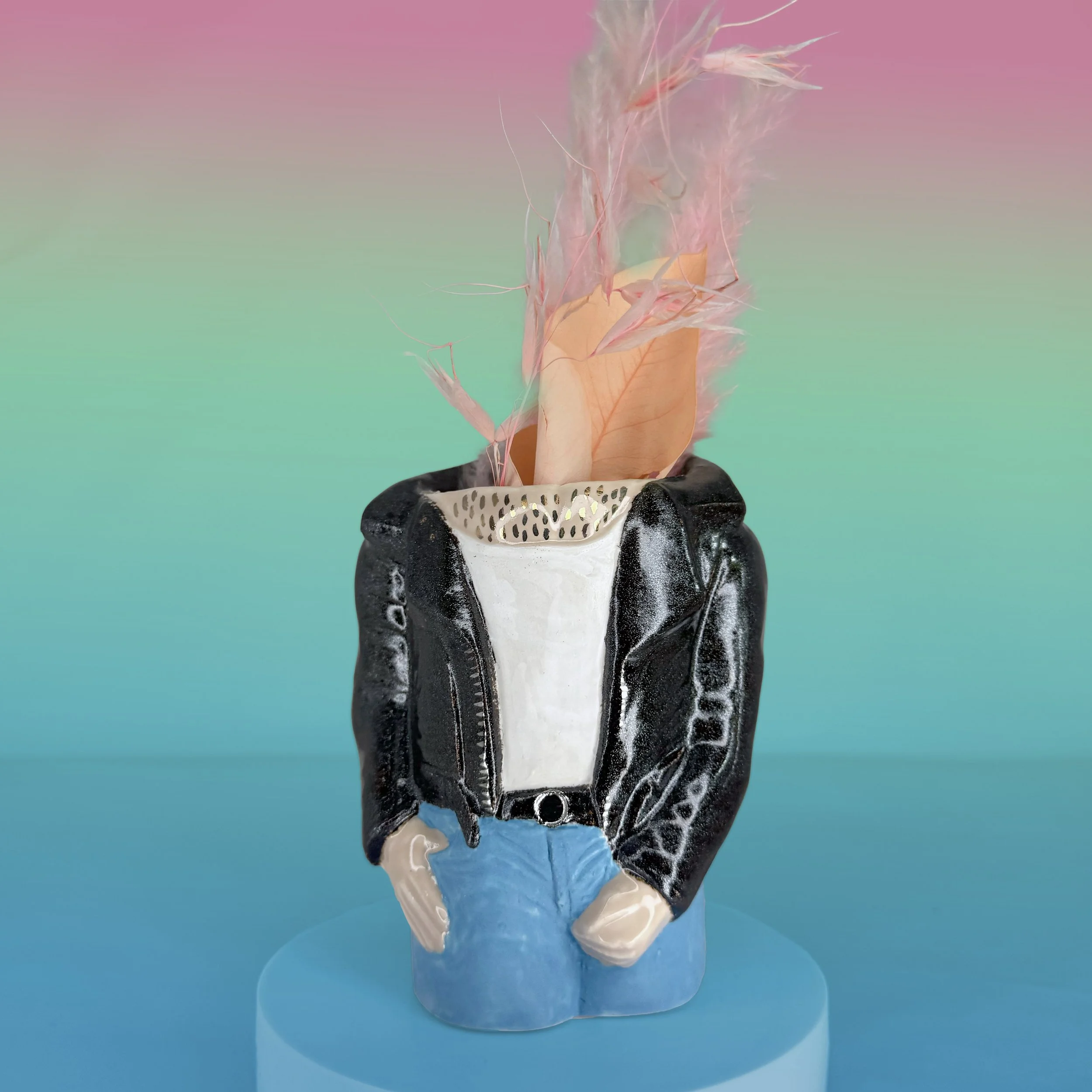 Biker Jacket Blue Jeans White Shirt Vase with 22Kt Gold