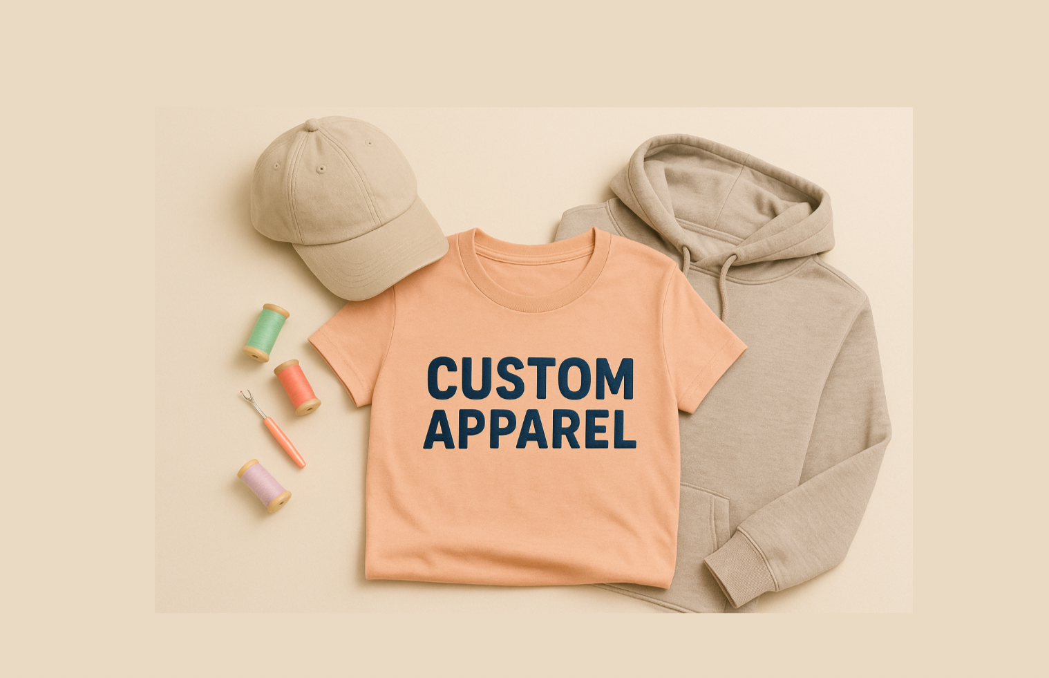 A beige baseball cap, a peach T-shirt with 'CUSTOM APPAREL' printed in dark blue, a gray hoodie, three spools of thread in green, pink, and purple, and a pink seam ripper laid out on a beige surface.