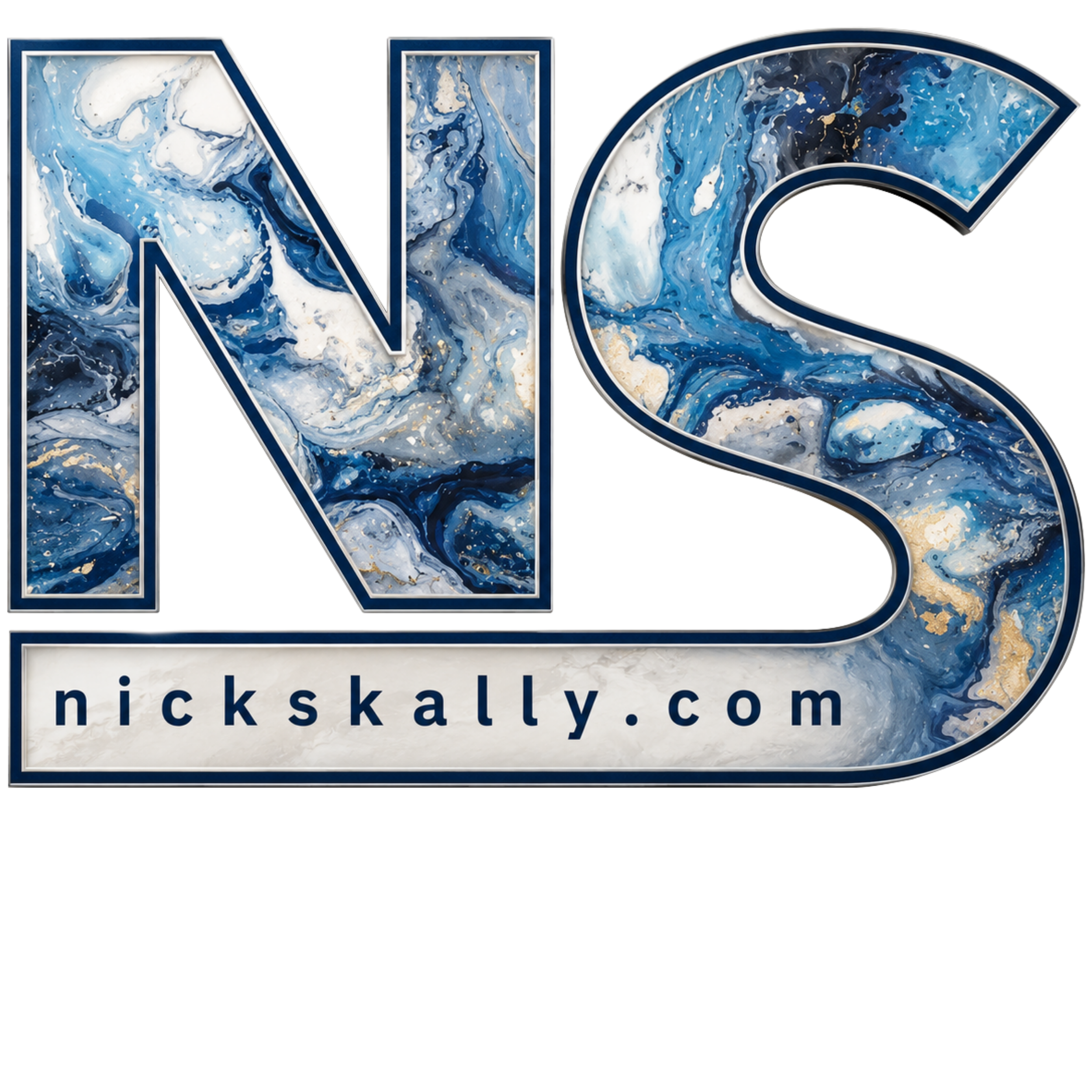 Stylized logo of the letters 'N' and 'G' filled with blue, white, black, and gold marbled pattern, and the website URL 'nickskally.com' beneath.