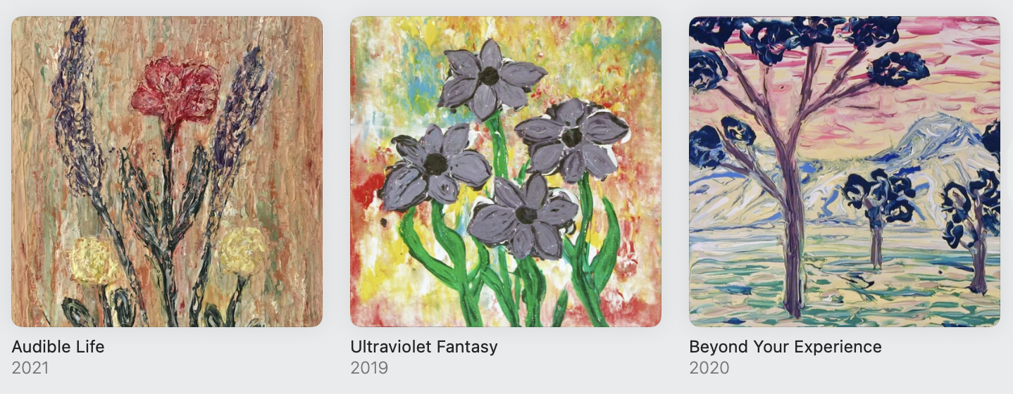 Three paintings of landscapes and flowers. The first depicts stylized flowers on a textured background, the second shows purple flowers with green stems against a colorful abstract background, and the third features a landscape with trees and mountains under a pink and purple sky.