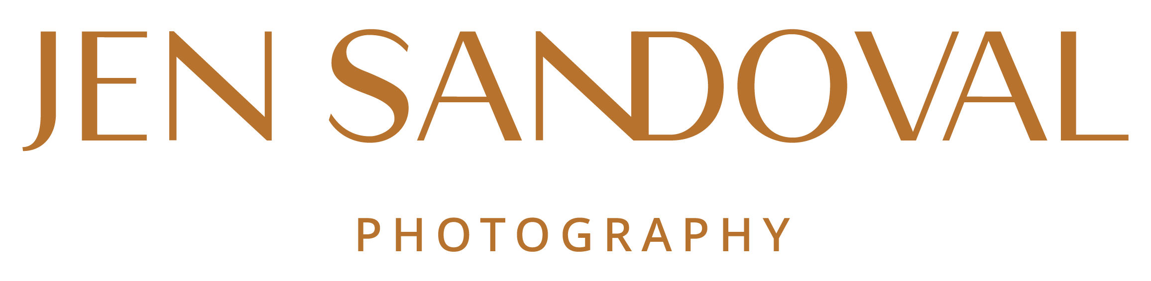 JEN SANDOVAL PHOTOGRAPHY logo in brown text on transparent background