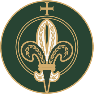 Fleur-de-lis symbol with a cross and wheat, featuring gold and green colors.