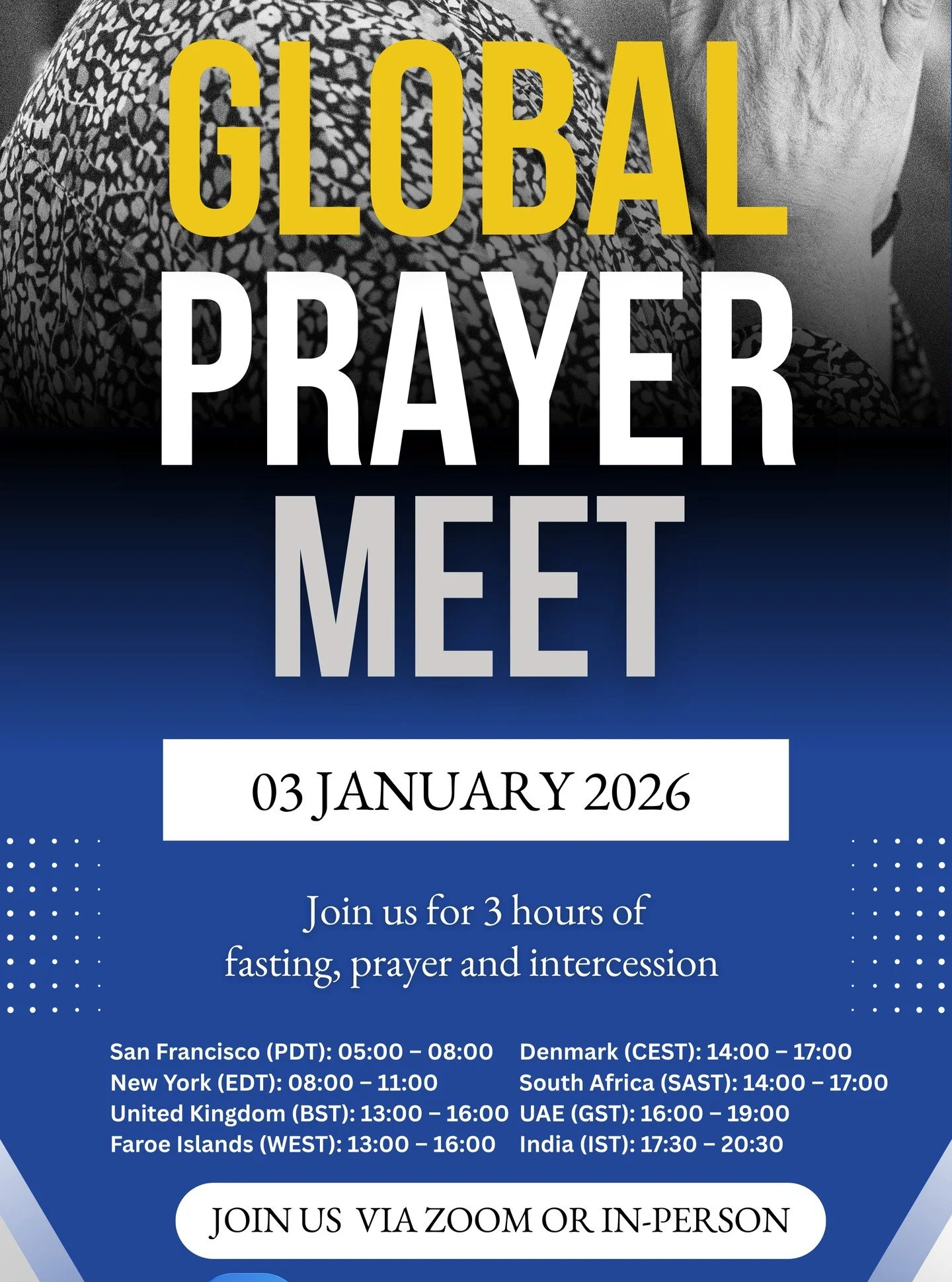 Join as for a time of prayer and intercession as we enter into the new year. 

Come join us in person or via zoom. 

Transforming Nations is inviting you to a scheduled Zoom meeting.
Join Zoom Meeting: 
https://us02web.zoom.us/j/85744823069?pwd=onMOZ