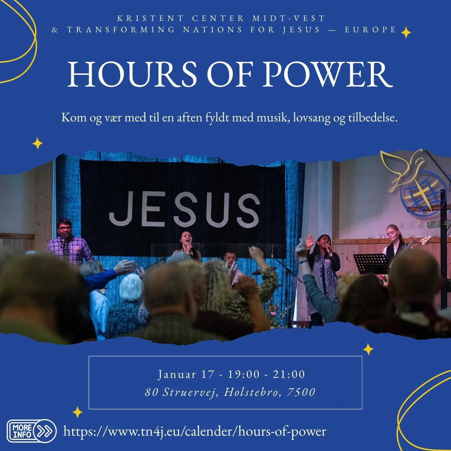 ✨ HOURS OF POWER ✨
This Saturday | 7:00 - 9:00 PM
Join us for a miracle worship night with
Kristen Center Midt Vest. We will come together and press into God&rsquo;s presence in praise, worship and prayer. 
Hope to see you soon.