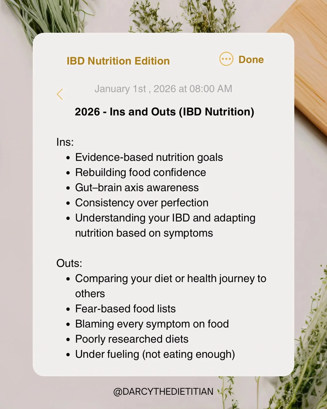 As a gut and IBD specialist dietitian, here are my evidence-based IBD nutrition Ins and Outs for 2026. 

These reflect current best practice in IBD care,  focusing on individualised nutrition, symptom-led adjustments, and sustainable approaches, whil