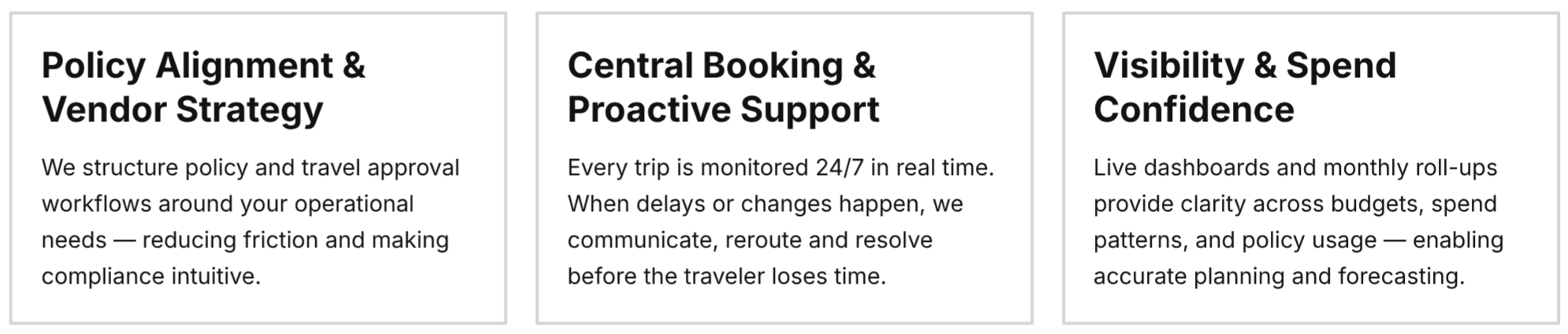 Three columns of text describing policies related to travel, booking, and budget management.