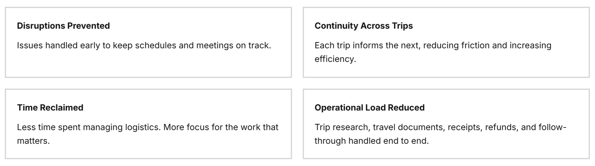 A table with four sections titled Disruptions Prevented, Continuity Across Trips, Time Reclaimed, and Operational Load Reduced, each containing a brief description of benefits related to logistics and trip management.