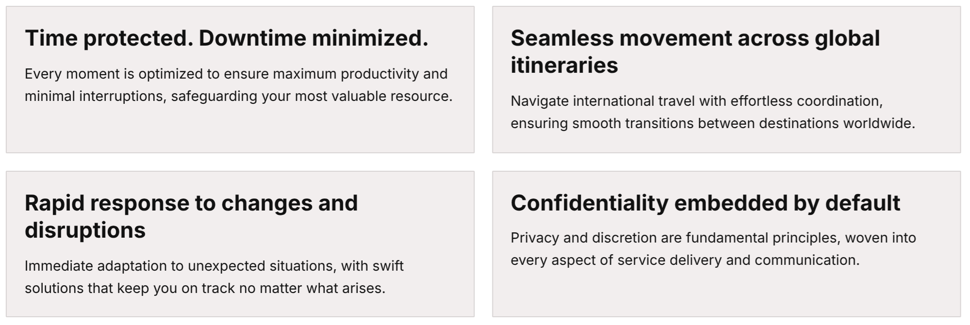 A grid of four text boxes with bold headings and paragraphs, discussing concepts like protecting time, seamless global move, rapid response, and confidentiality in services.