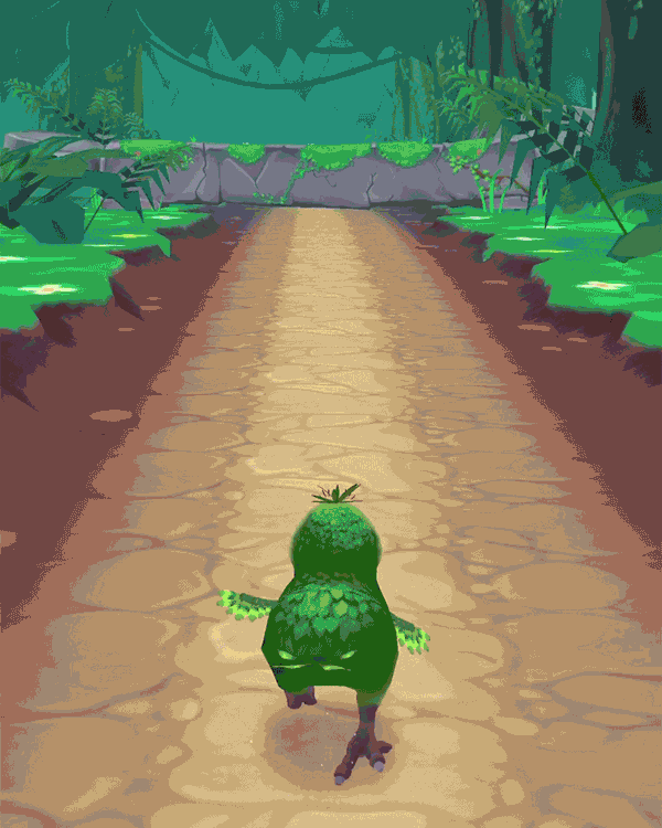 A gif from animated mobile game ‘Kākāpō Run’ showing the Kākāpō walking down a jungle path, surrounded by lush green plants and trees approaching a fallen tree, with the instruction overlaid to 'Swipe down to slide'.