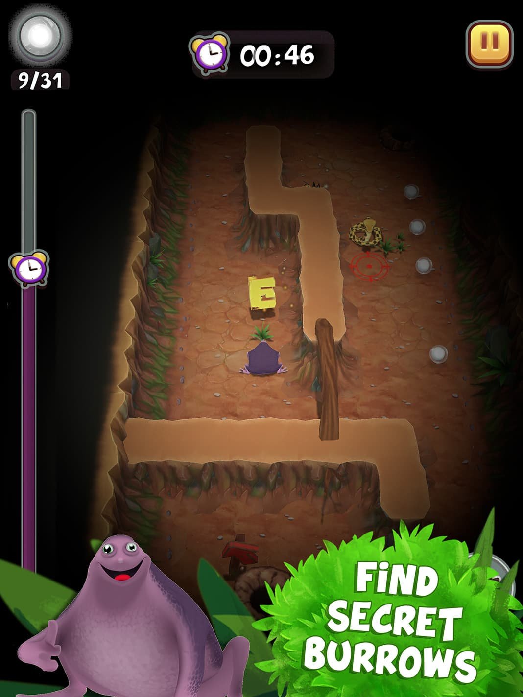 A still from animated mobile game ‘Save the Purple Frog’ showing the purple frog from above exploring a burrow. With a text overlay saying ‘Find secret burrows’ and gameplay features like a timer, progress and pause button.