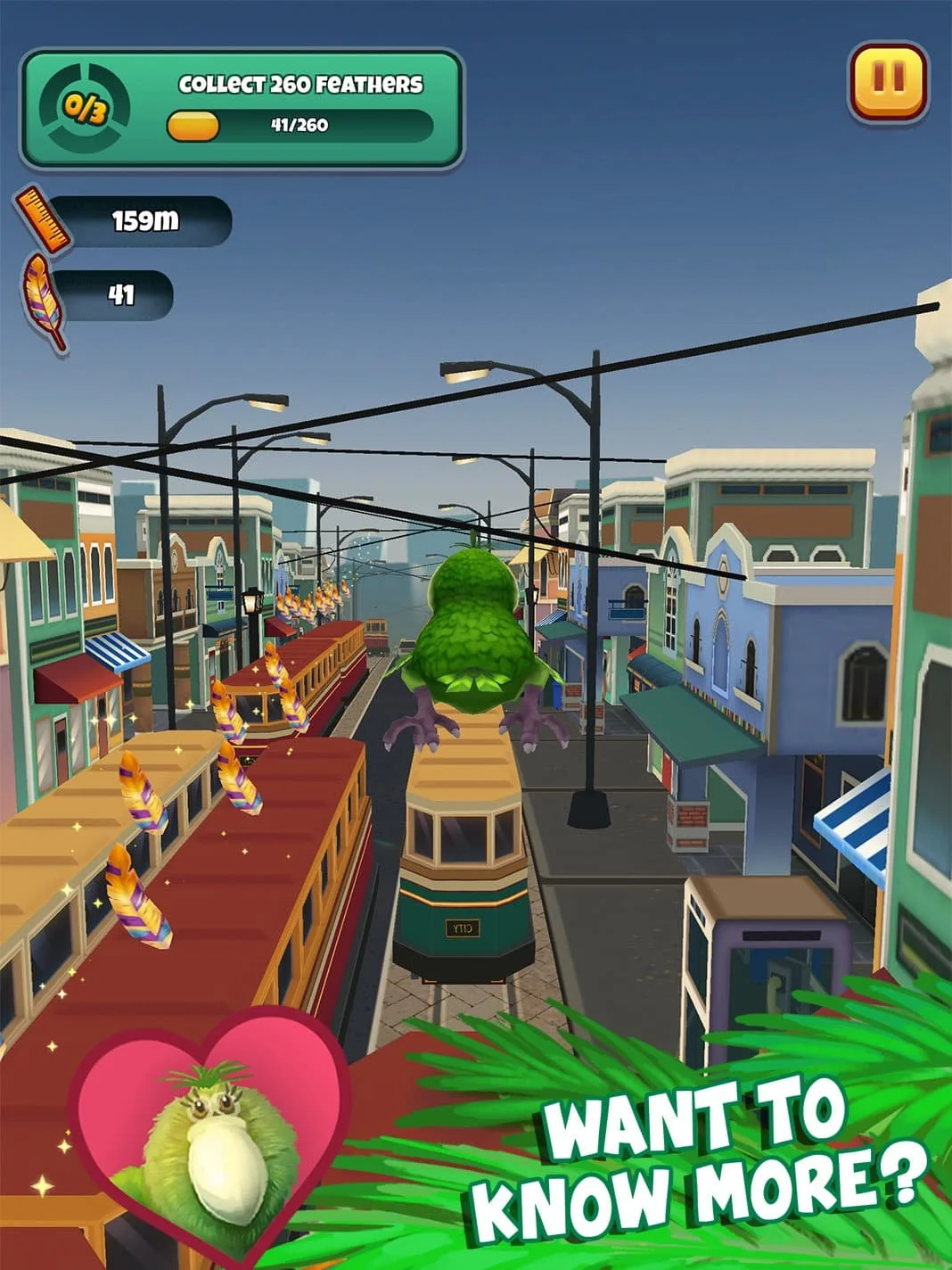 A still from animated mobile game ‘Kākāpō Run’ showing the Kākāpō on top of trams in a city collecting feathers, with a text overlay saying ‘Want to know more?’ And an illustration of the Kākāpō face in a love heart.