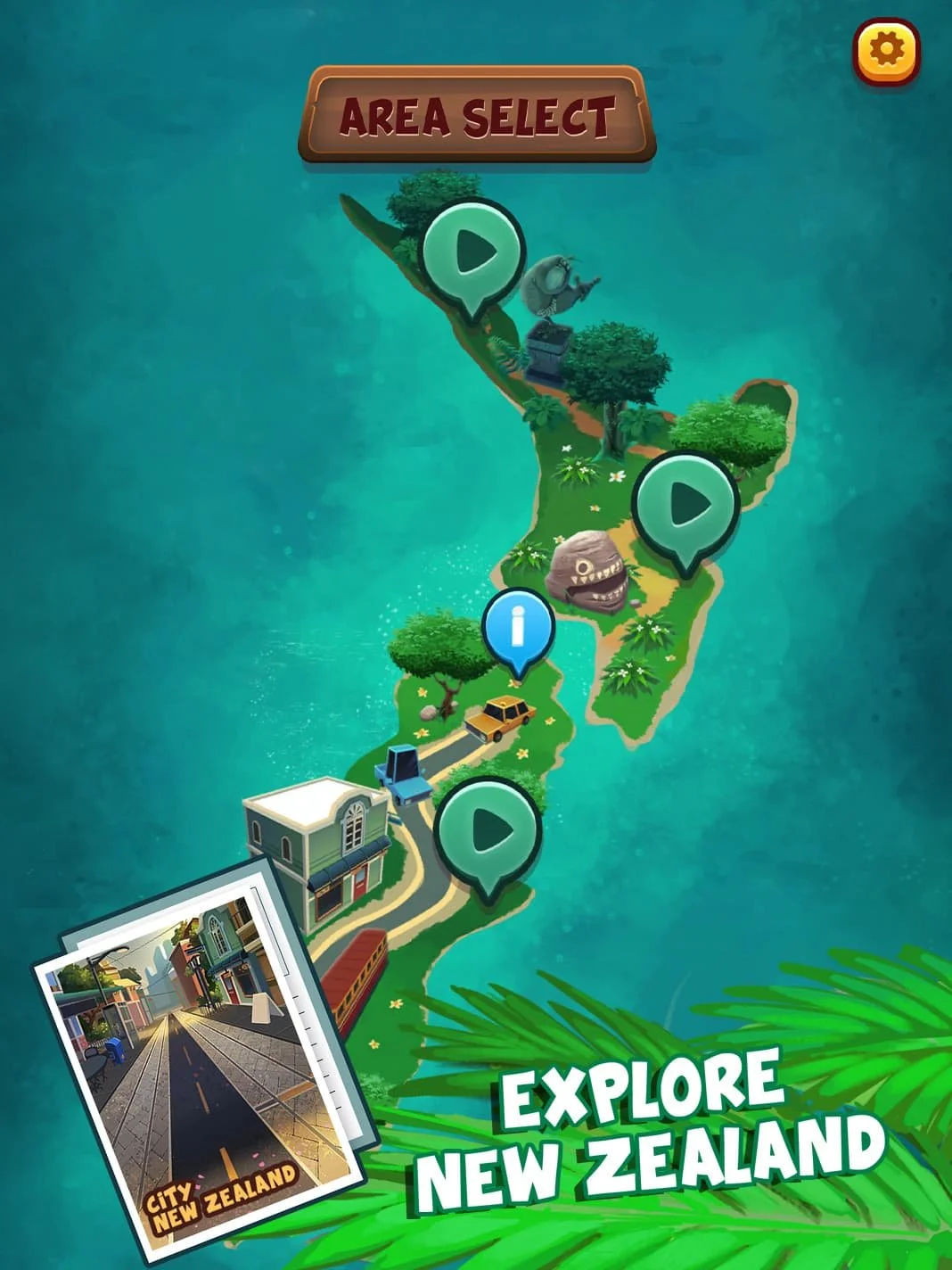 A still from animated mobile game ‘Kākāpō Run’ showing the gameplay map with a text overlay saying ‘Explore New Zealand'.