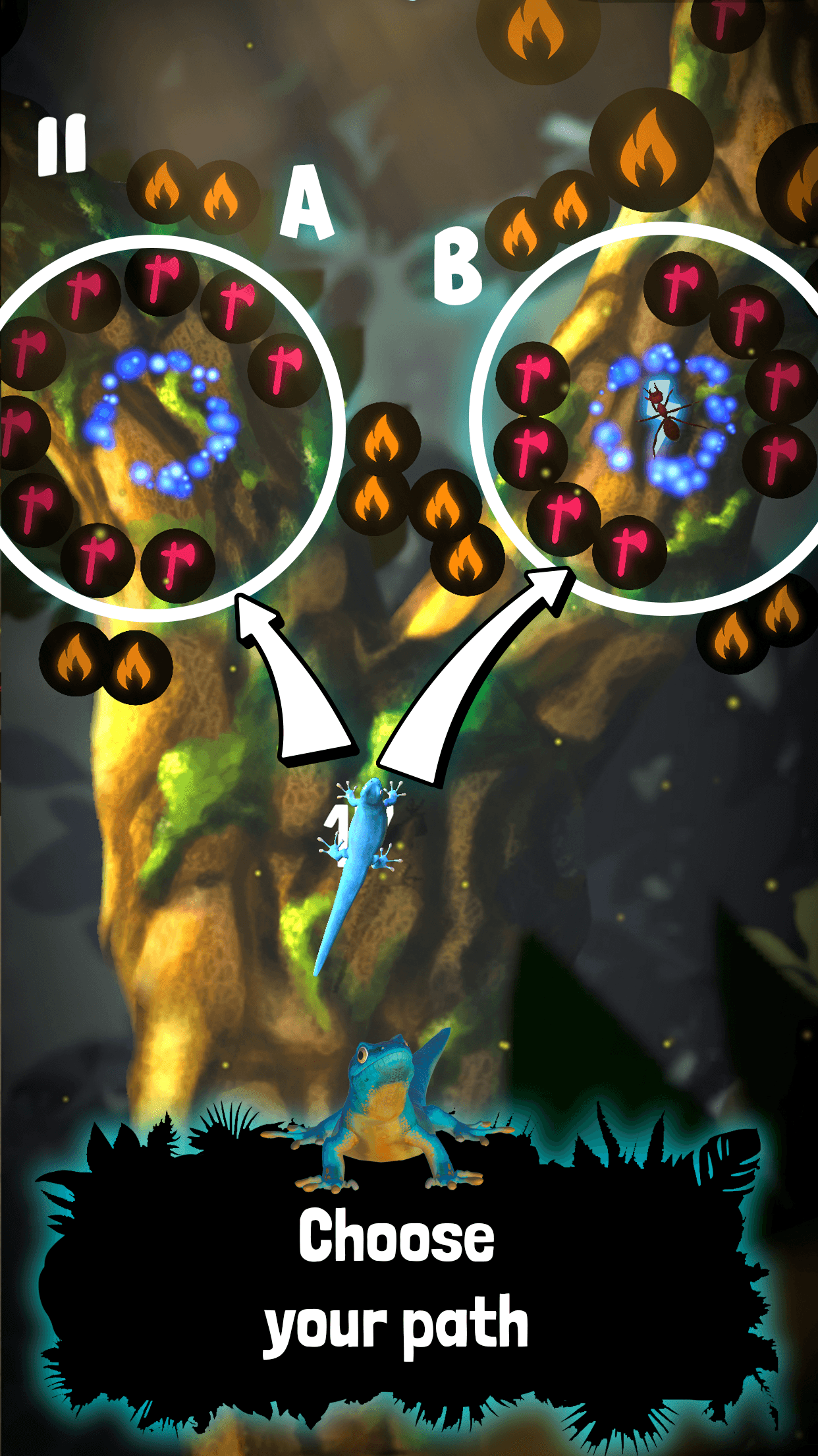 A still from animated mobile game ‘Electric Blue: Gecko Dash!’ showing the gecko deciding which path to take in the game.