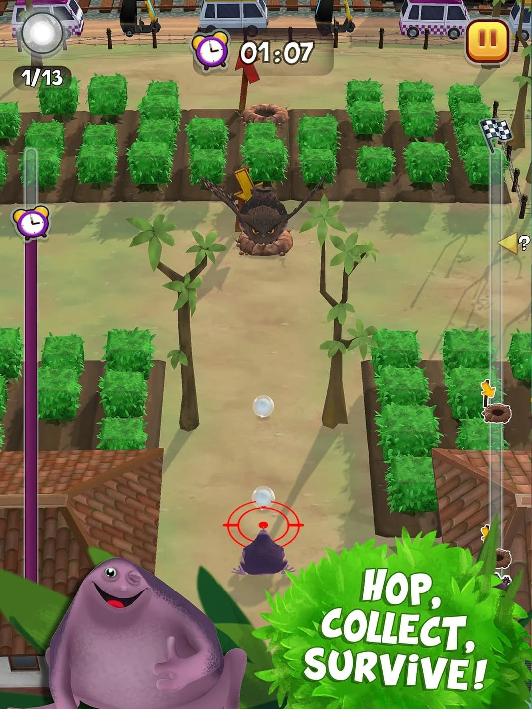 A still from animated mobile game ‘Save the Purple Frog’ showing the purple frog from above collecting orbs going towards a predator, with shrubs and trees in the background. With a text overlay saying ‘Hop, Collect, Survive!’.