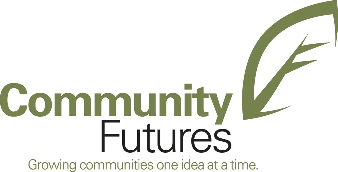 "Community Futures" logo with a stylized green leaf and the slogan "Growing communities one idea at a time."