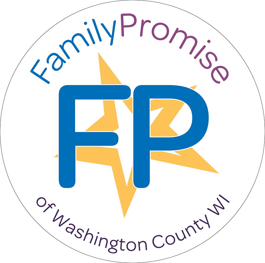 A circular logo with a white background and black border. In the center, there are large blue letters 'FP' with a yellow star behind them. Around the top edge, purple text says 'Family Promise,' and around the bottom edge, purple text reads 'of Washington County WV.'