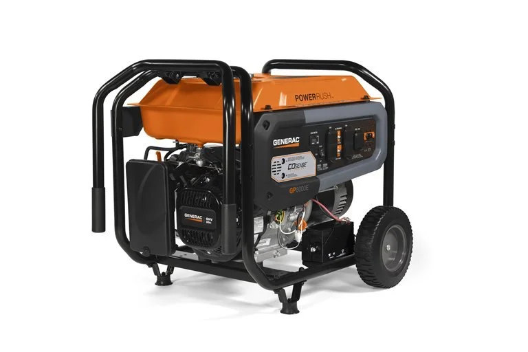 Portable gas-powered generator with black metal frame and two black wheels.