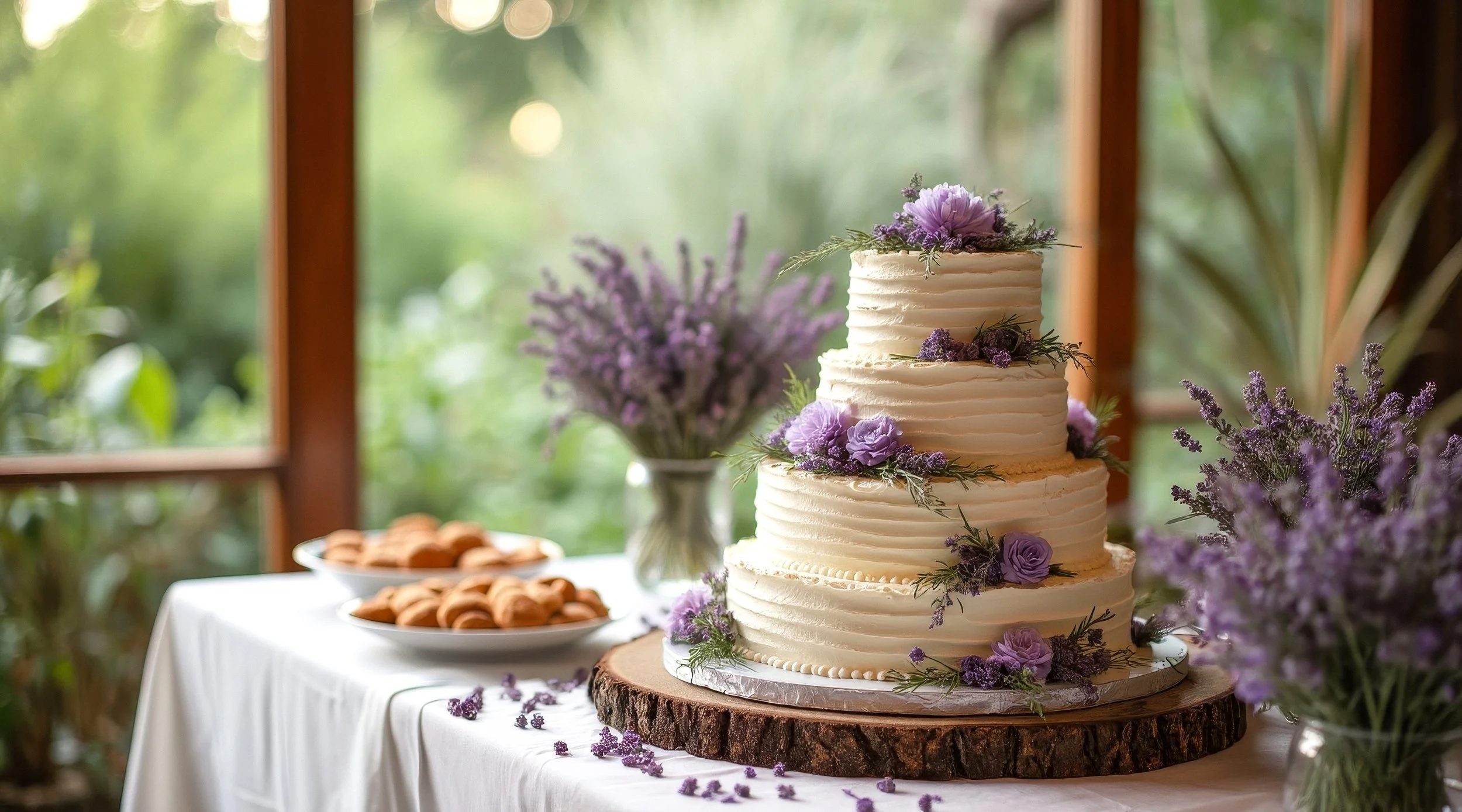 a 4-layer white wedding cake adorned with purple flower decorations