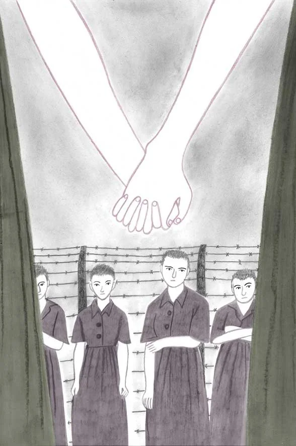 A hand-drawn illustration of four female Auschwitz prisoners standing in front of a barbed wire fence, viewed between two women holding hands.
