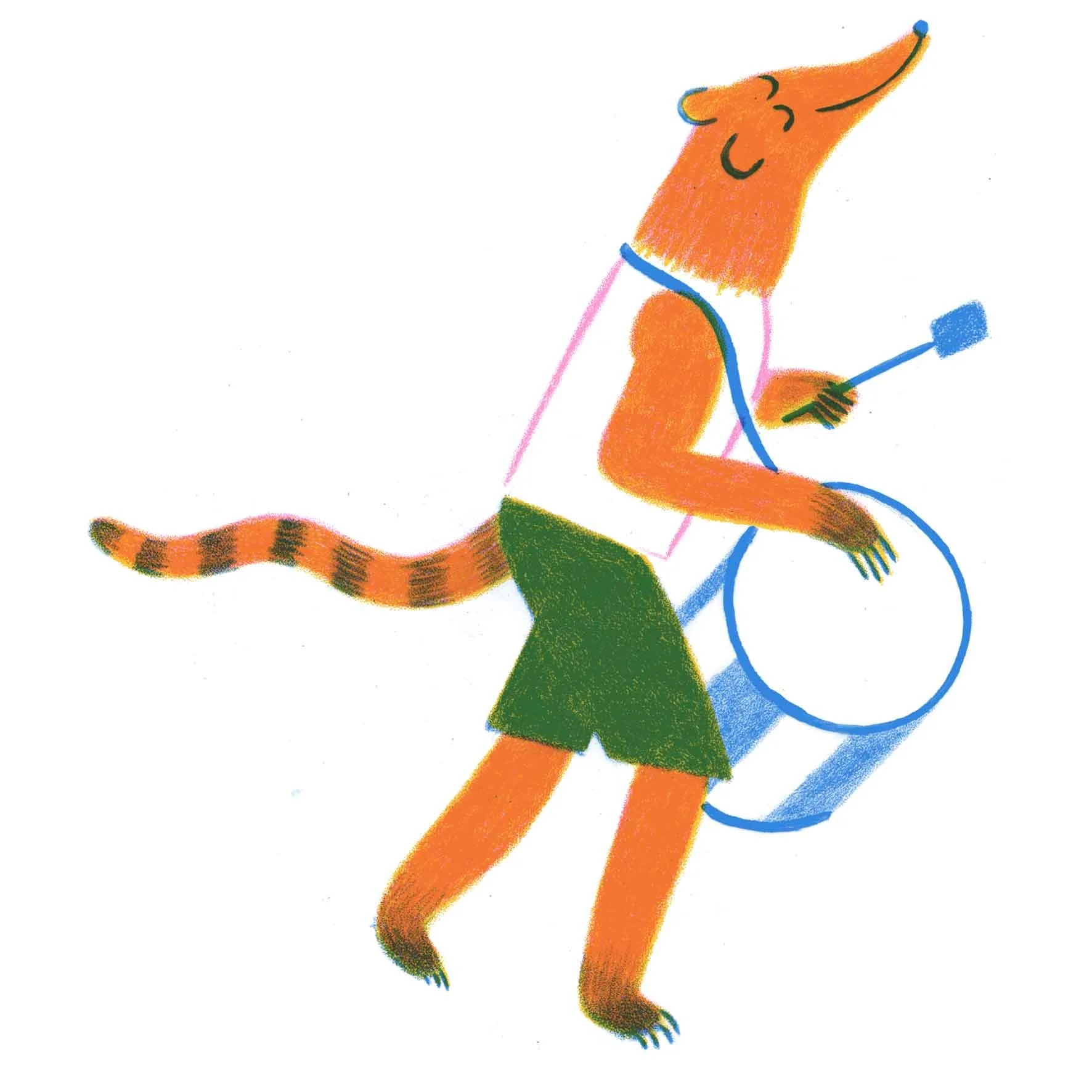 A risograph of a coati playing a surdo (or drum). Illustration in limited colour.